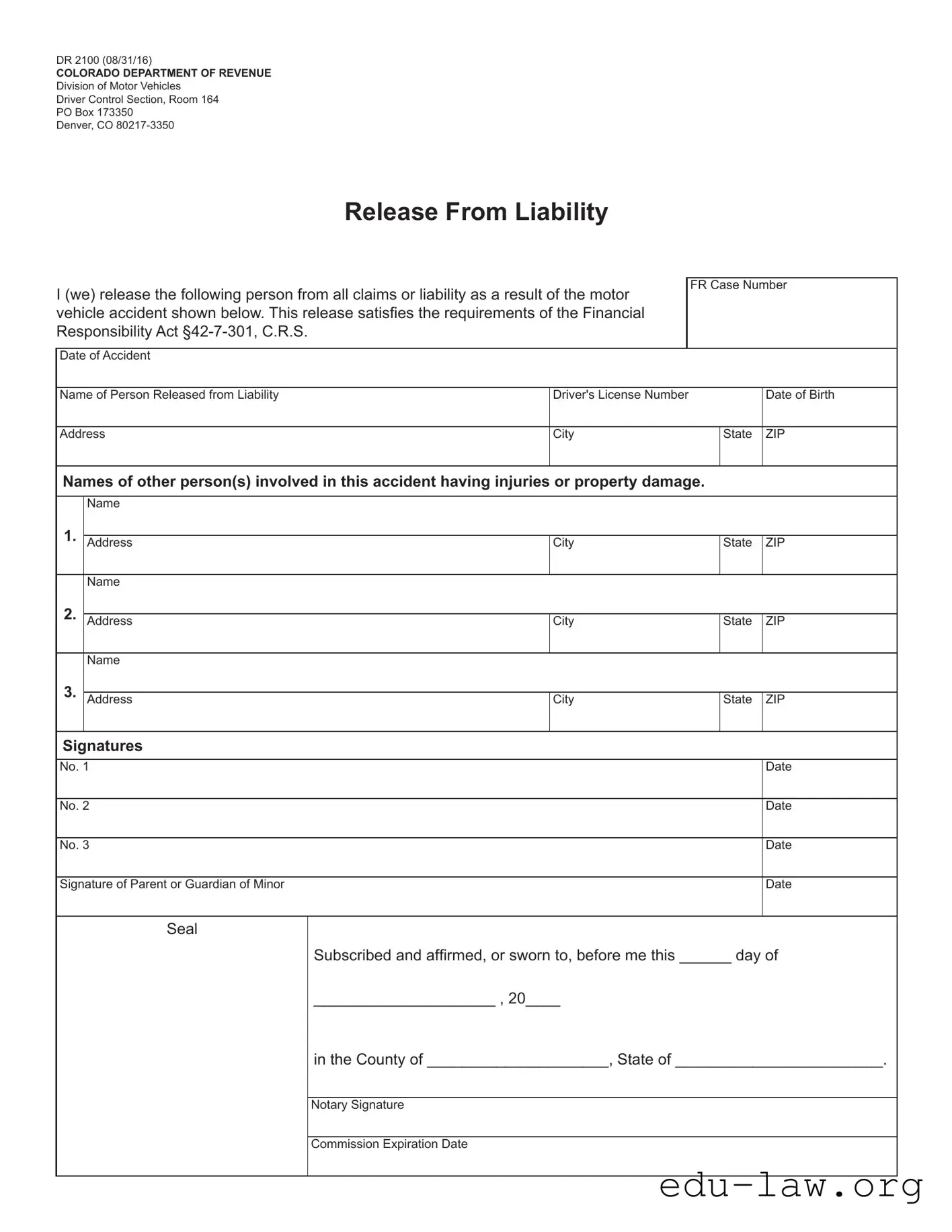 Fill in Your Colorado Dr 2100 Template