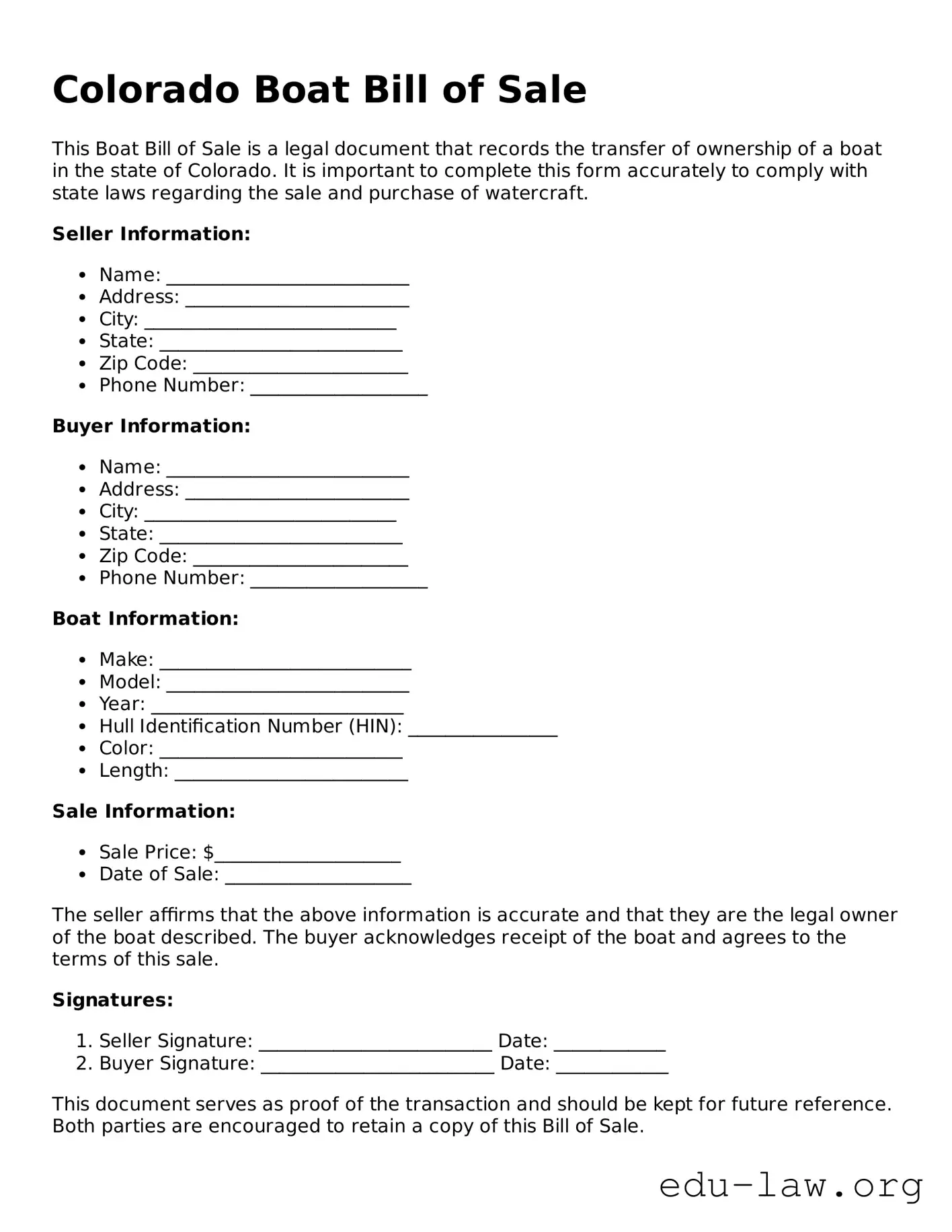 Legal  Boat Bill of Sale Template for Colorado