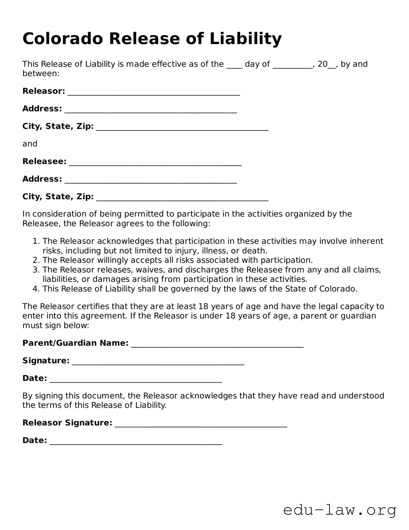 Legal  Release of Liability Template for Colorado