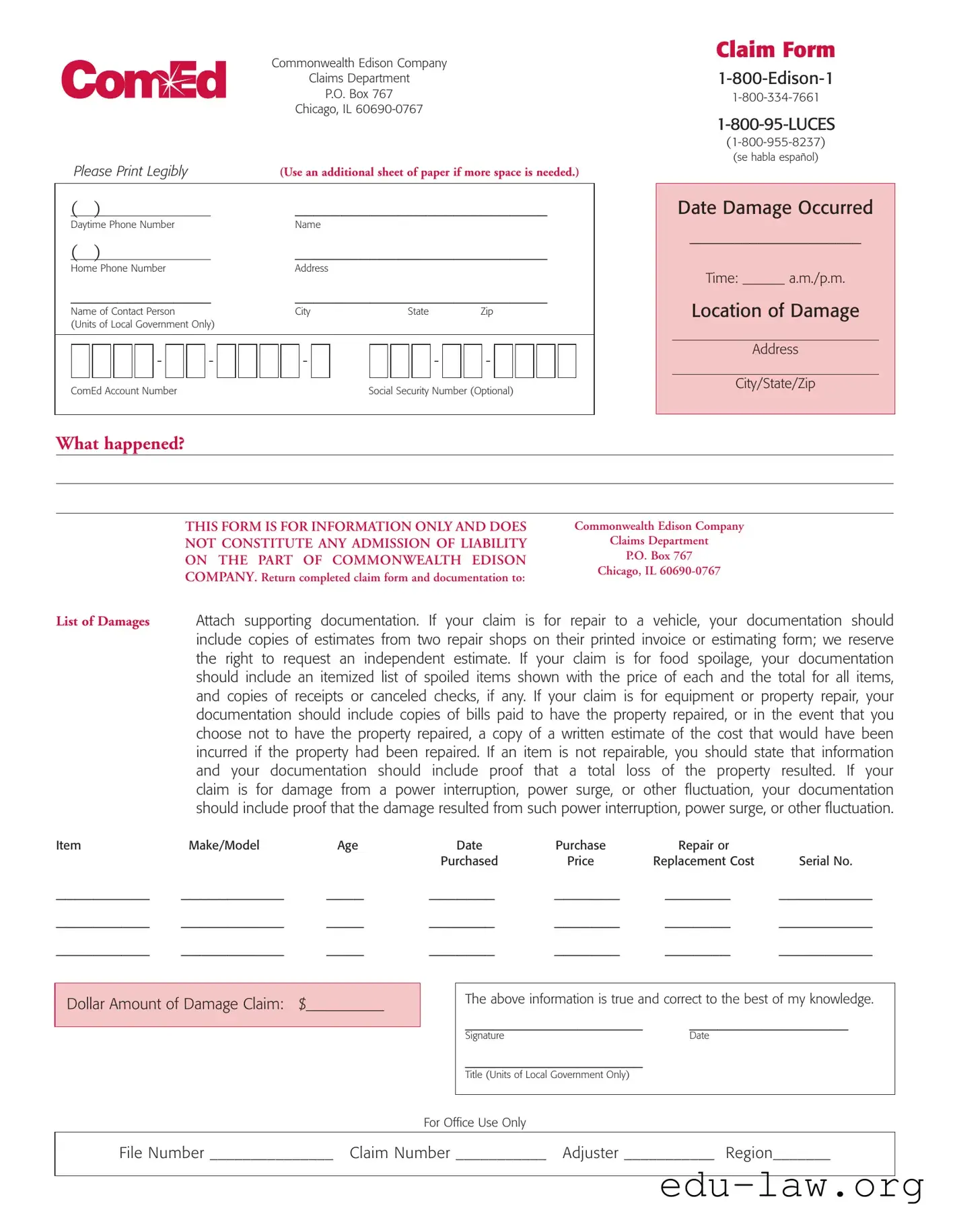 Fill in Your Comed 1800 Template