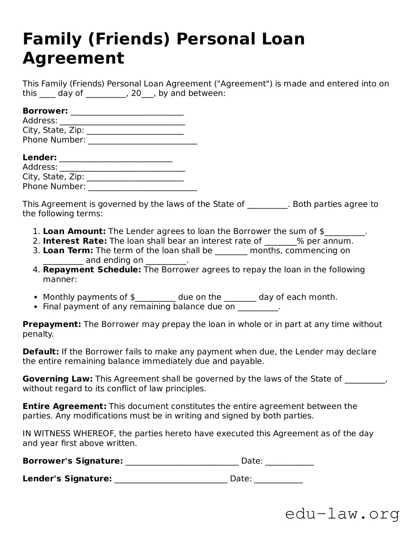 Family (Friends) Personal Loan Agreement Template