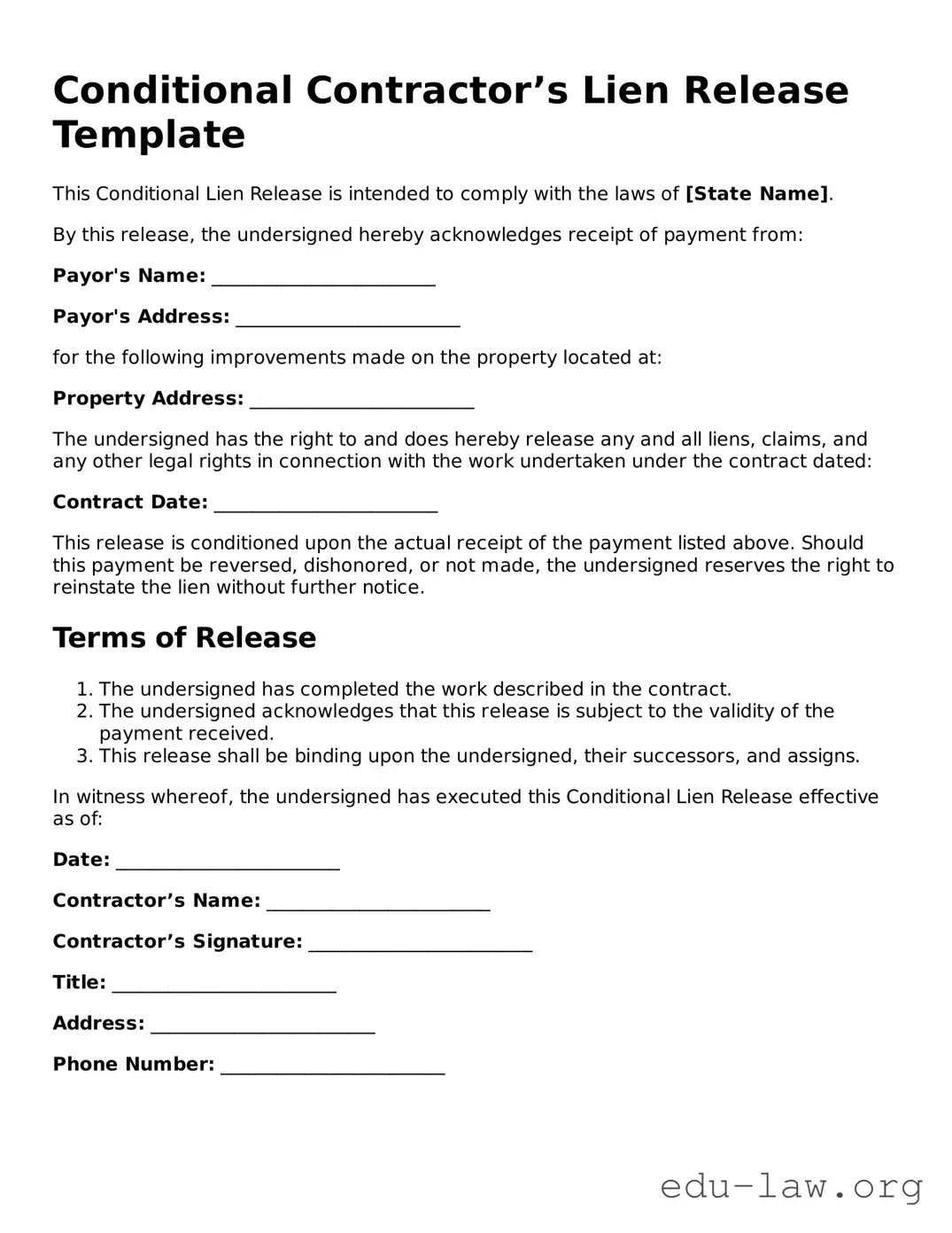Conditional Contractor’s Lien Release Template