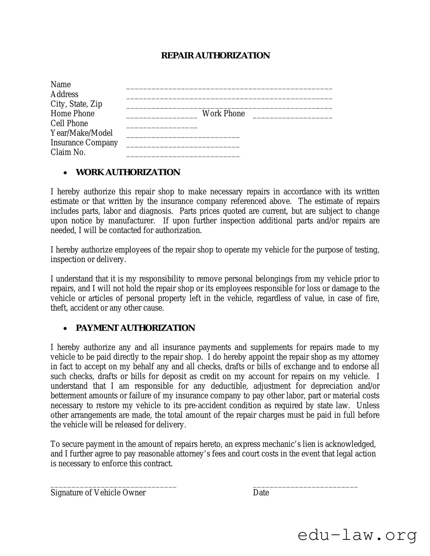 Fill in Your Authorization Repair Template