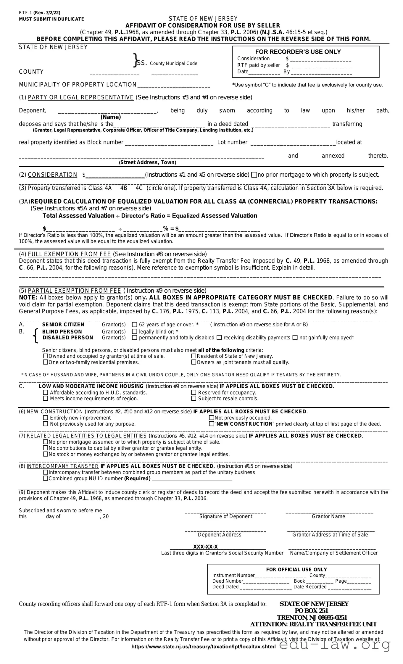 Fill in Your New Jersey Affidavit of Consideration RTF-1 Template