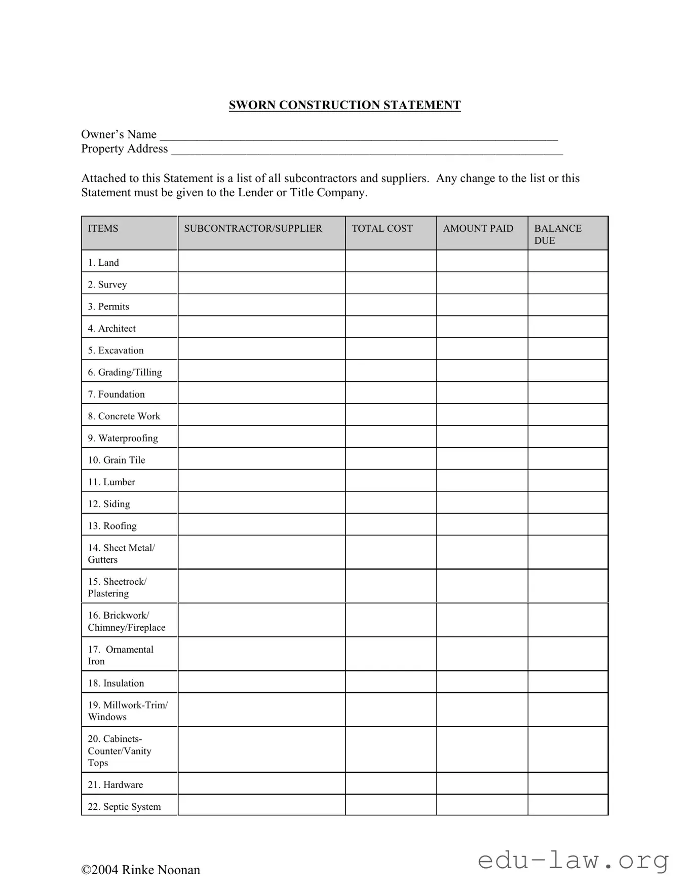 Fill in Your Sworn Construction Statement Template