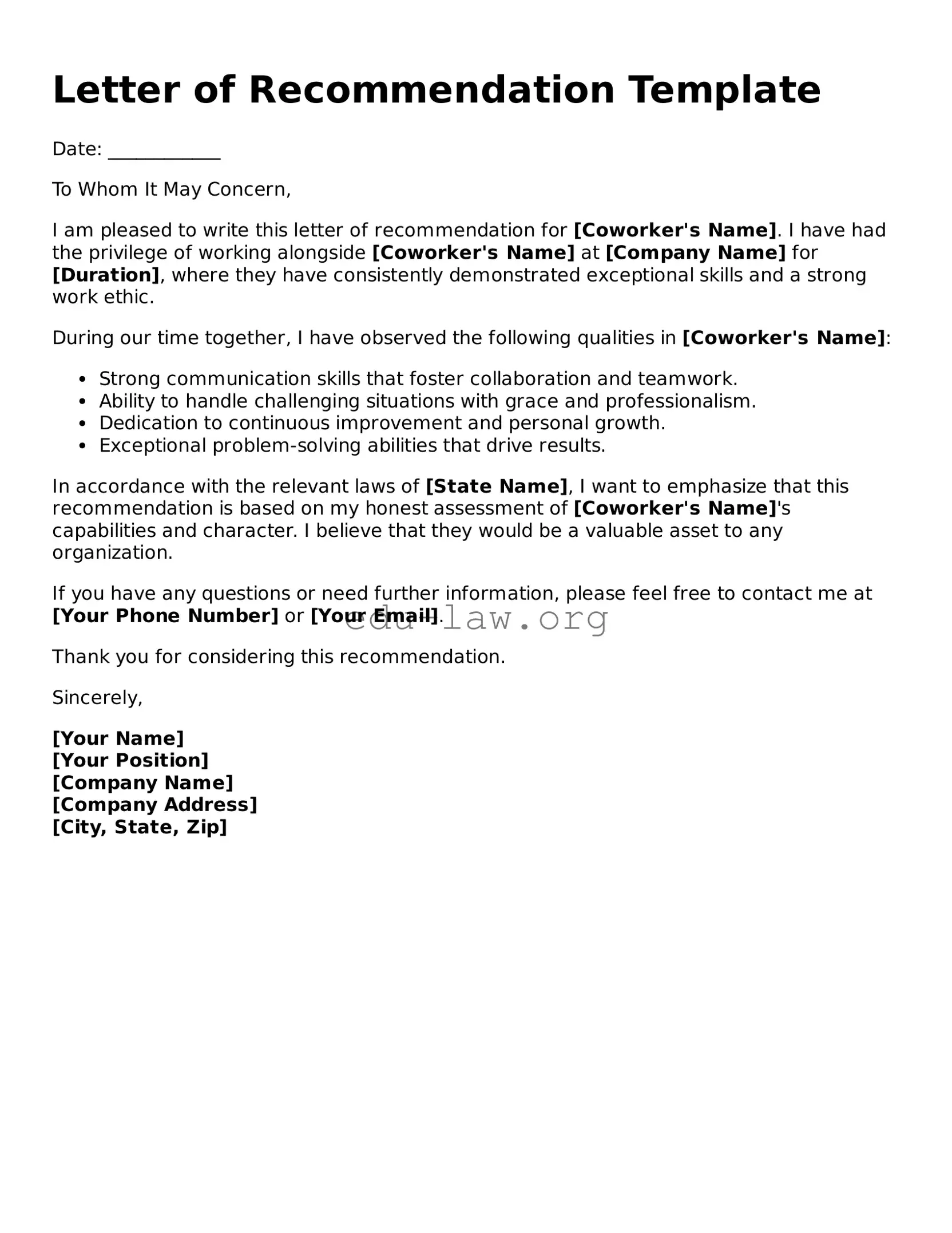 Letter of Recommendation for Coworker Template