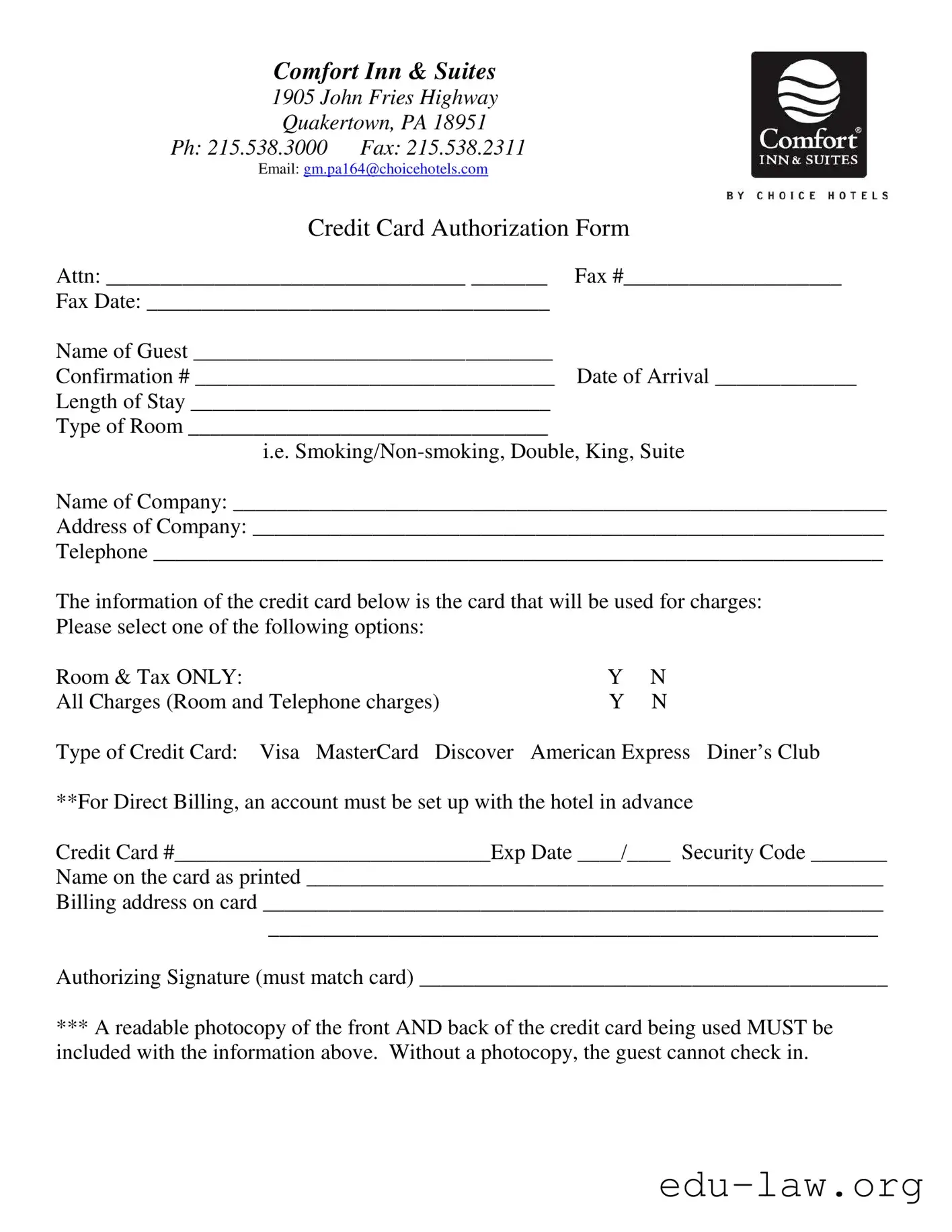 Fill in Your Choice Hotels Credit Card Authorization Template