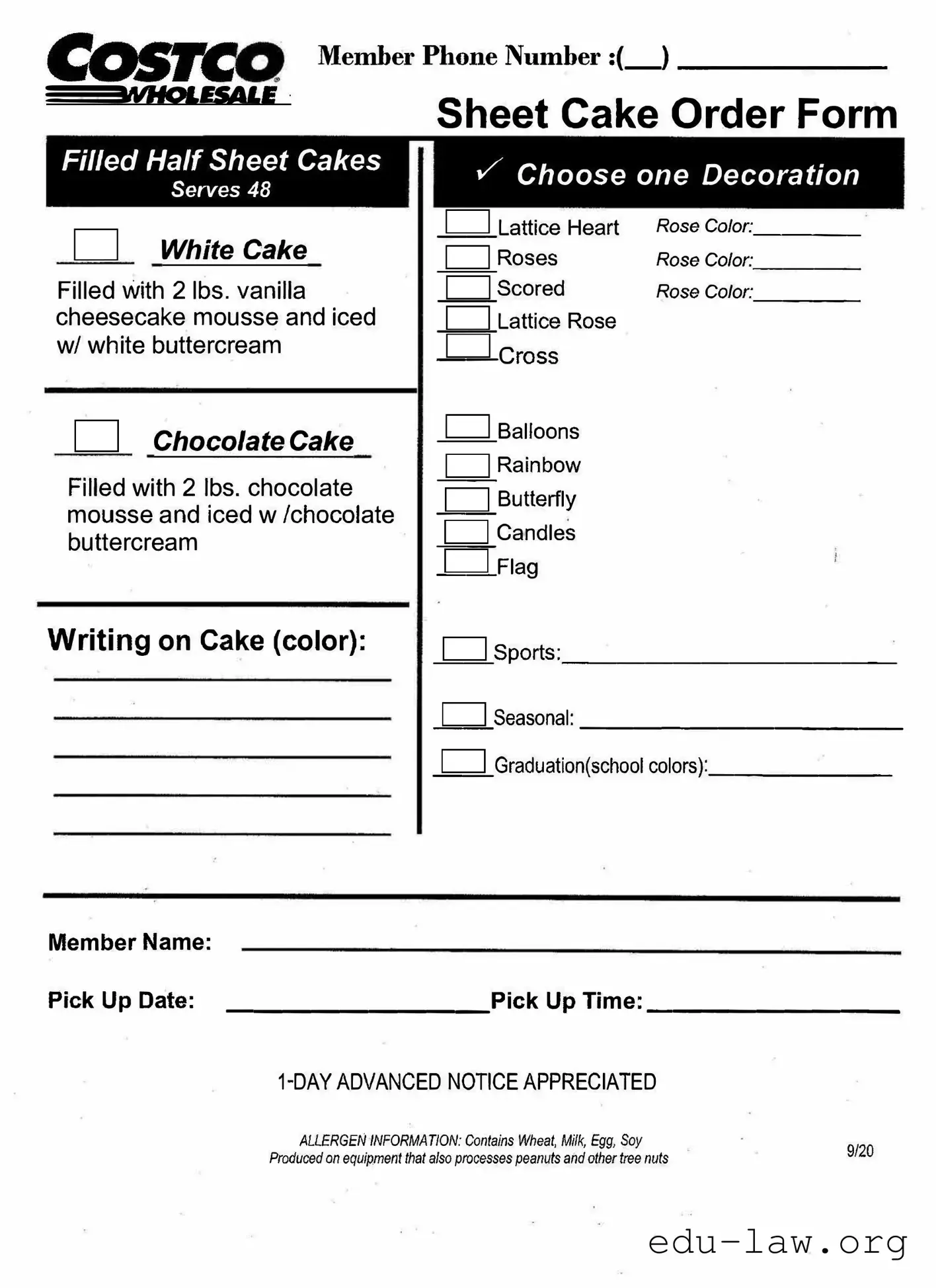 Fill in Your Costco cake order form Template
