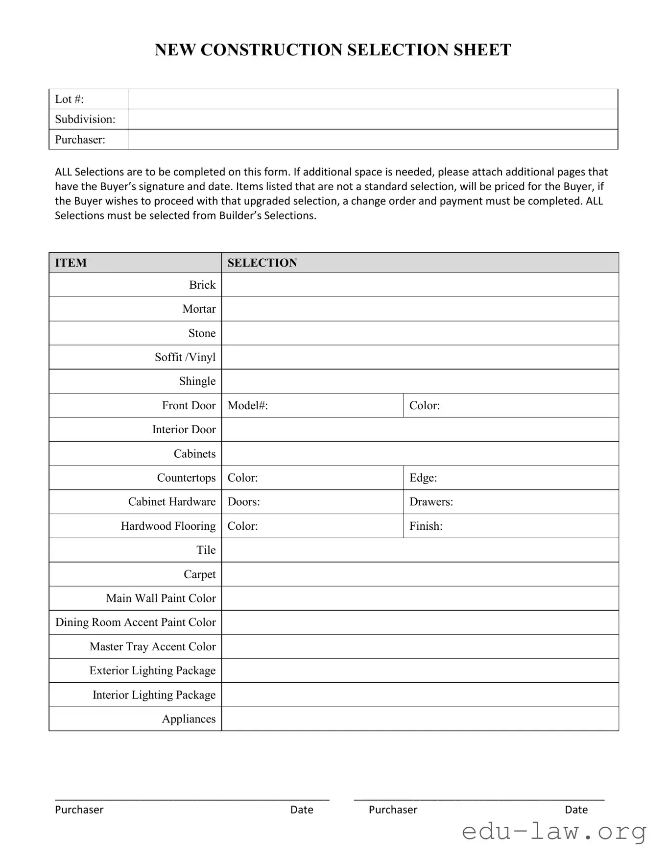 Fill in Your New Construction Selection Sheet Template