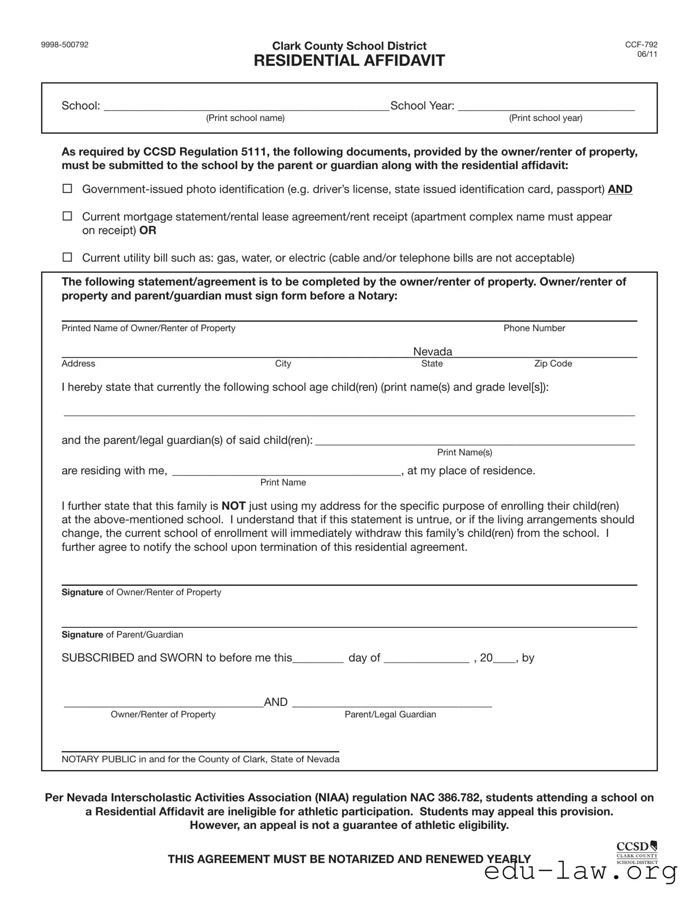 Fill in Your Ccsd Residential Affidavit Template