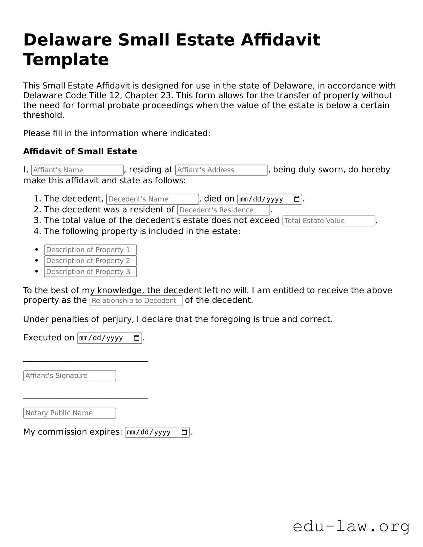 Legal  Small Estate Affidavit Template for Delaware