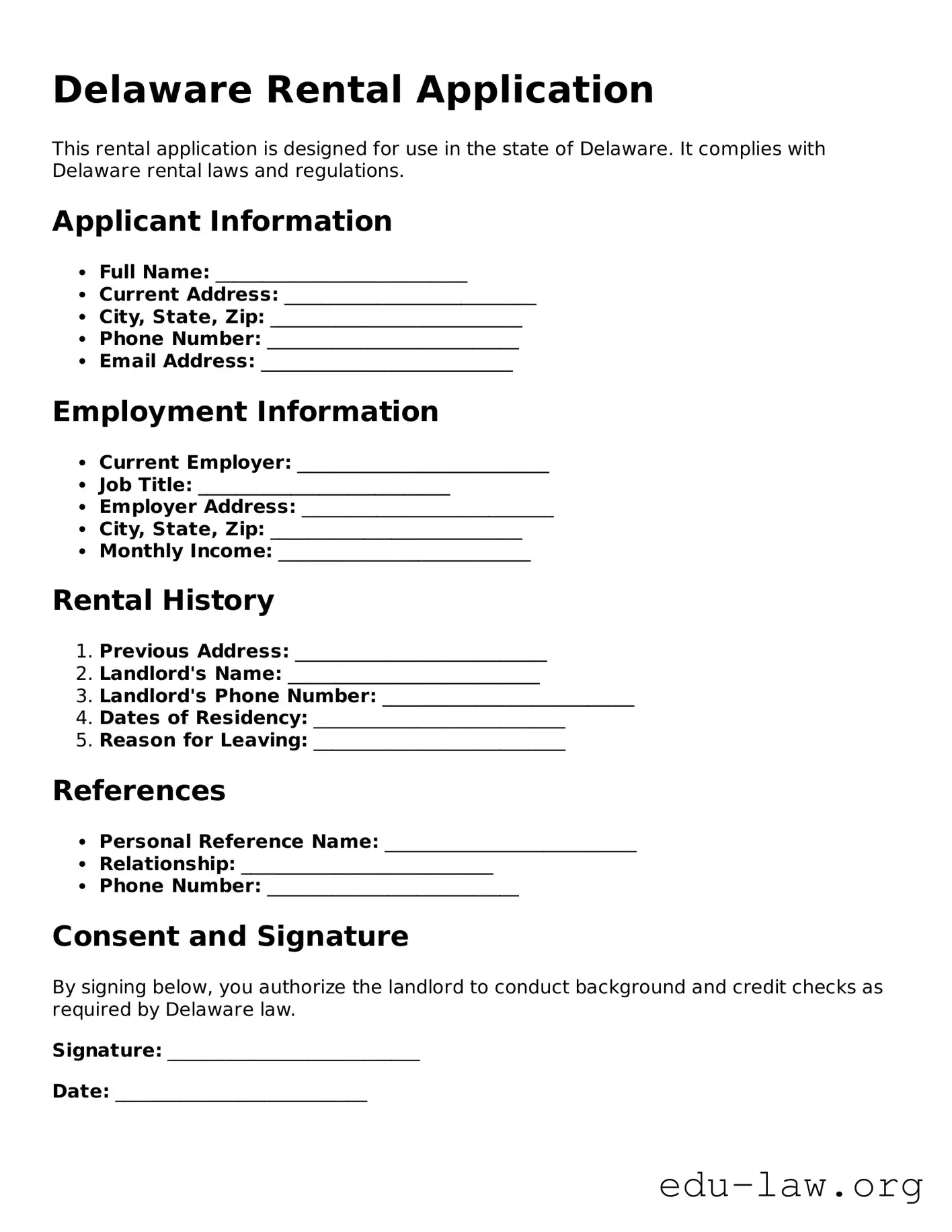 Legal  Rental Application Template for Delaware