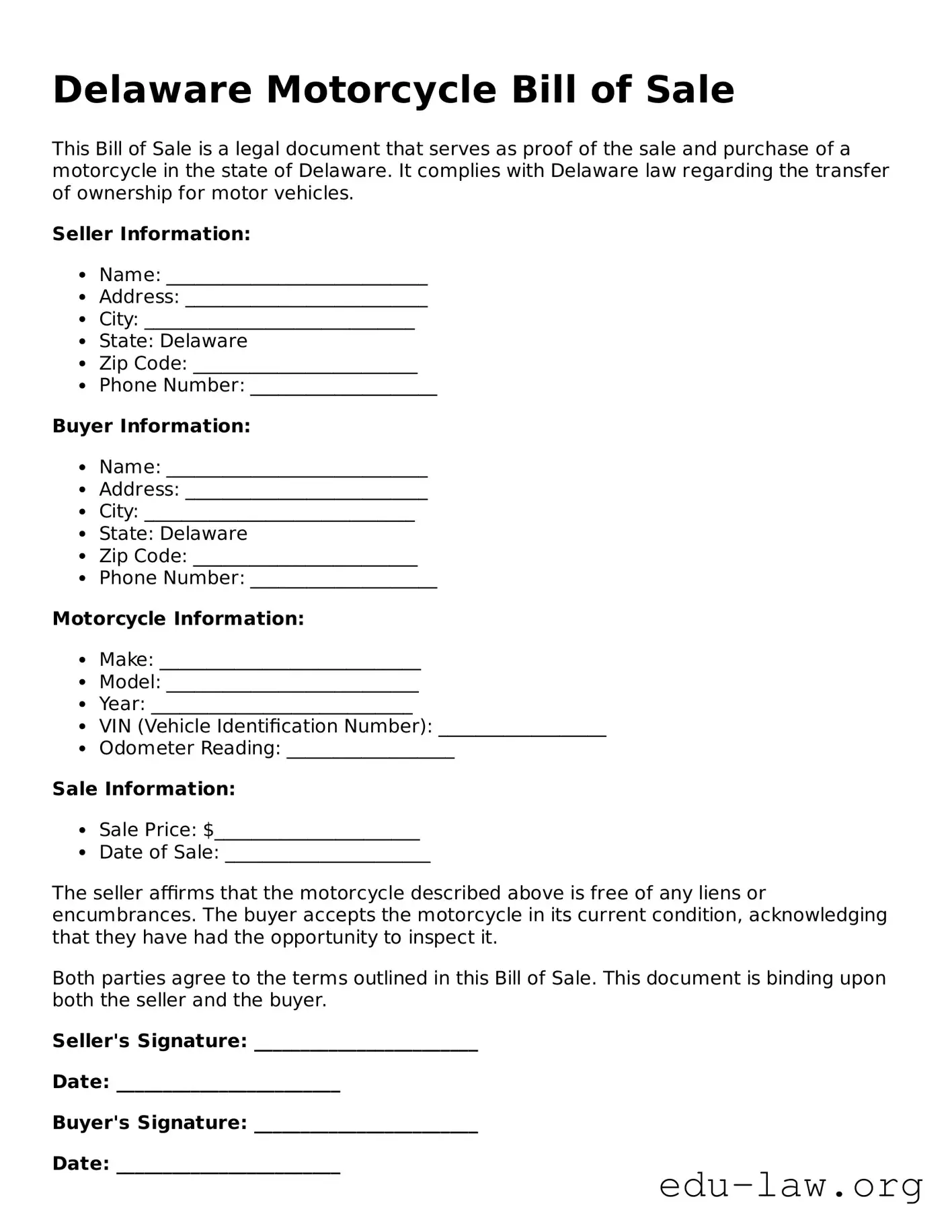 Legal  Motorcycle Bill of Sale Template for Delaware