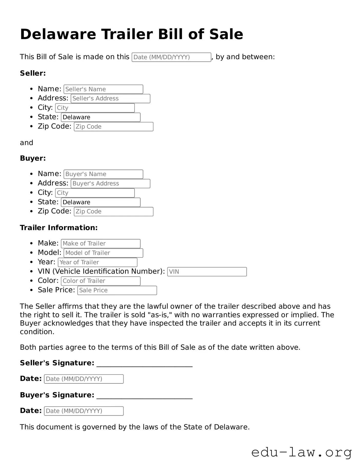 Legal  Trailer Bill of Sale Template for Delaware