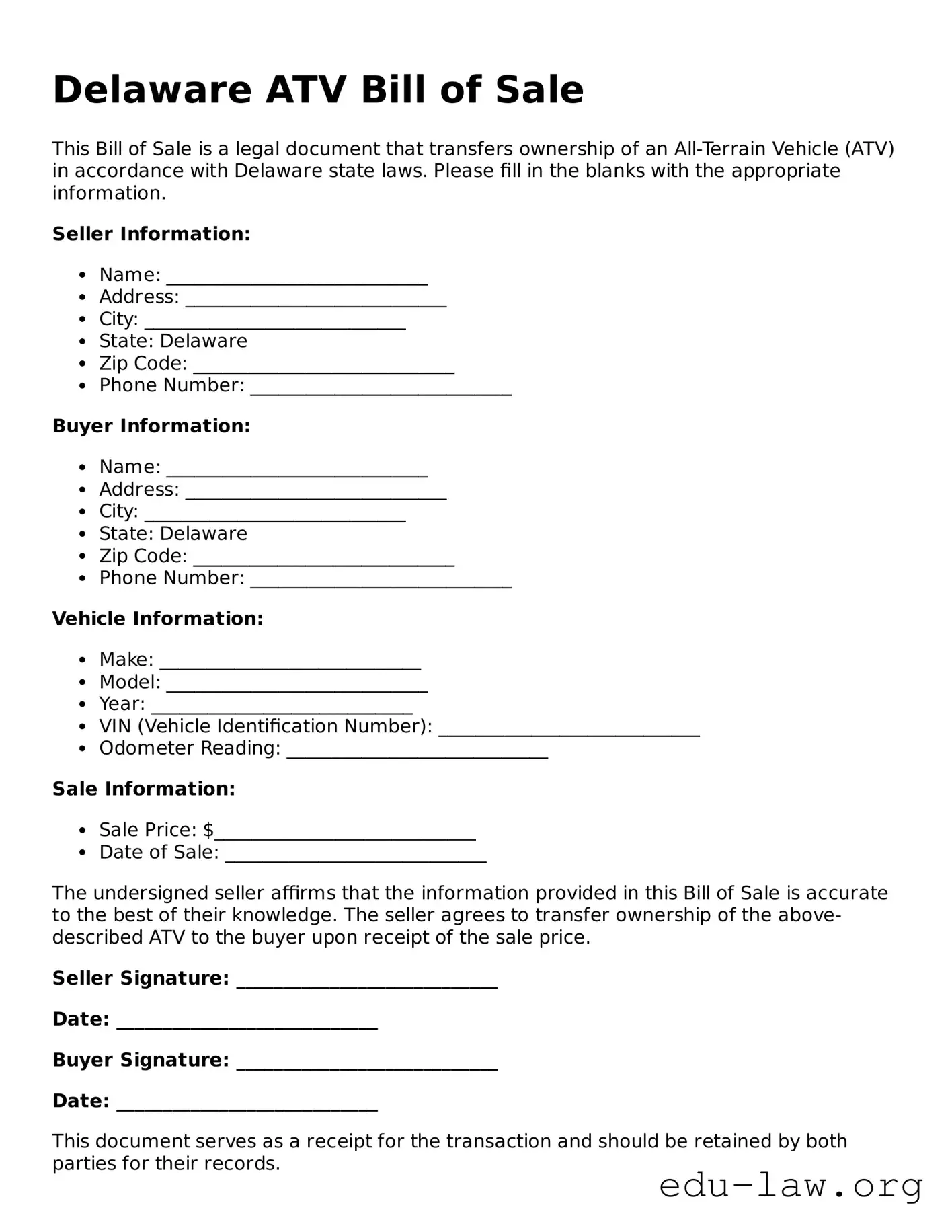 Legal  ATV Bill of Sale Template for Delaware