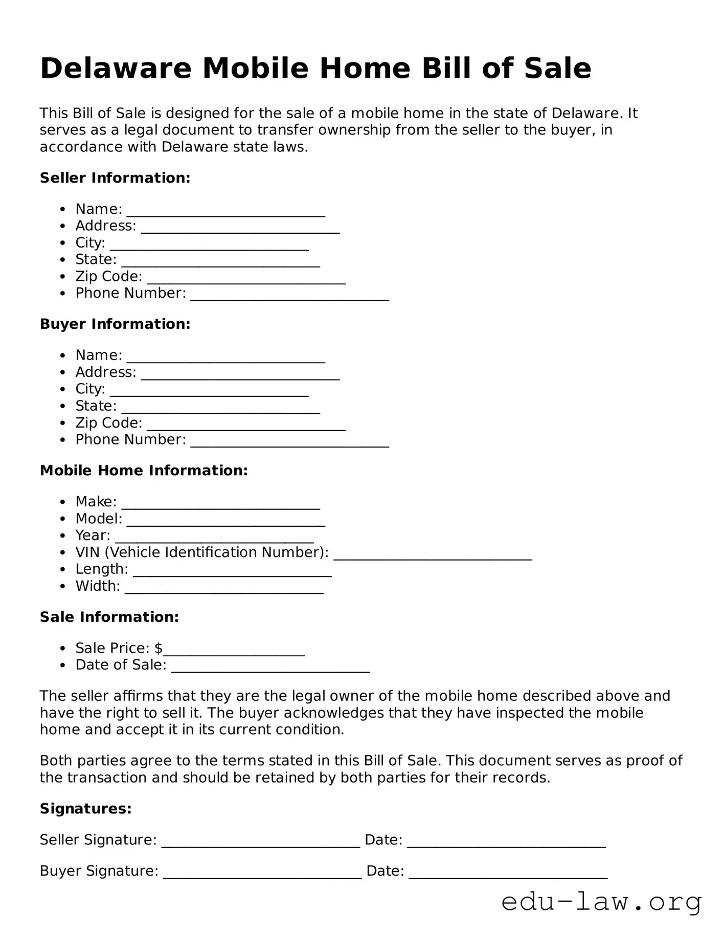 Legal  Mobile Home Bill of Sale Template for Delaware