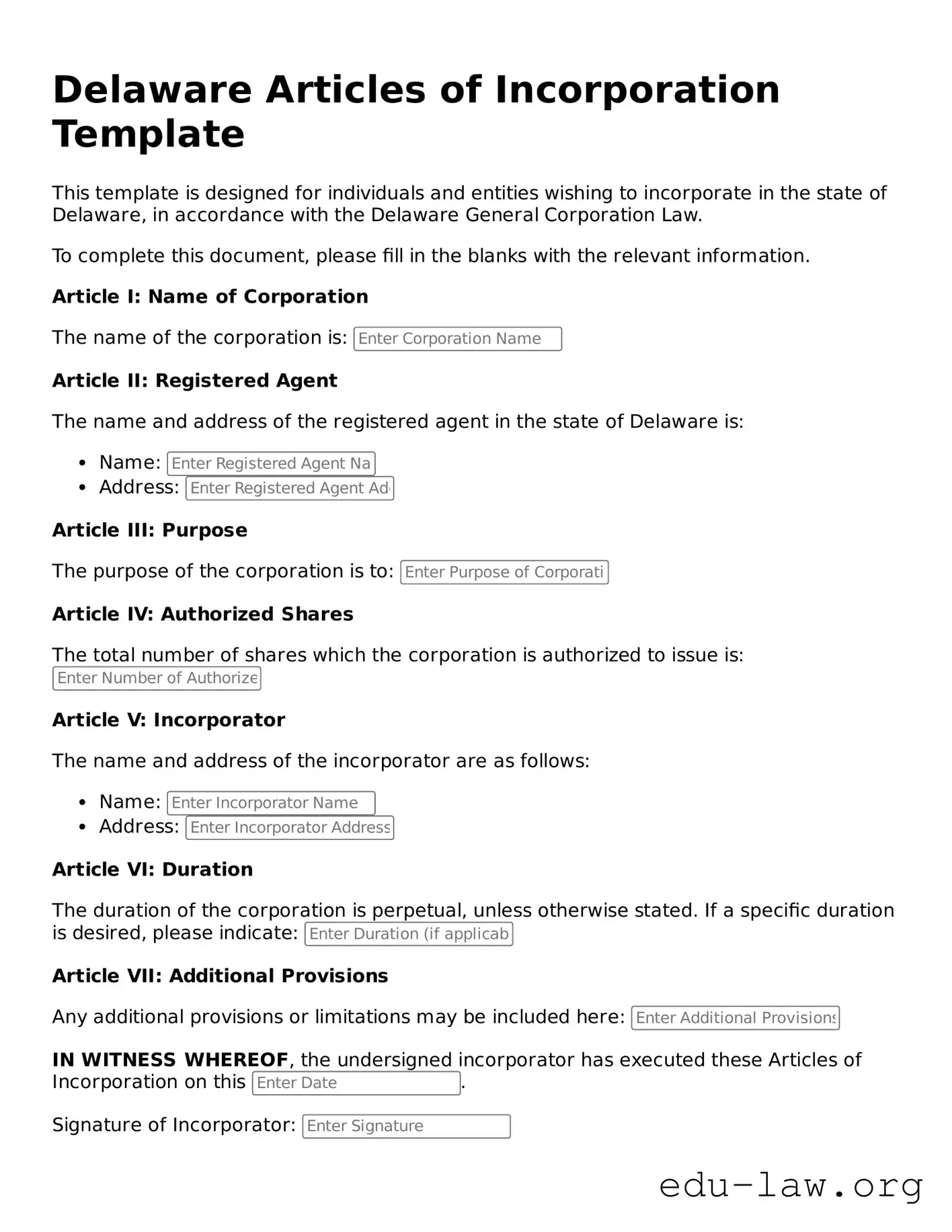 Legal  Articles of Incorporation Template for Delaware