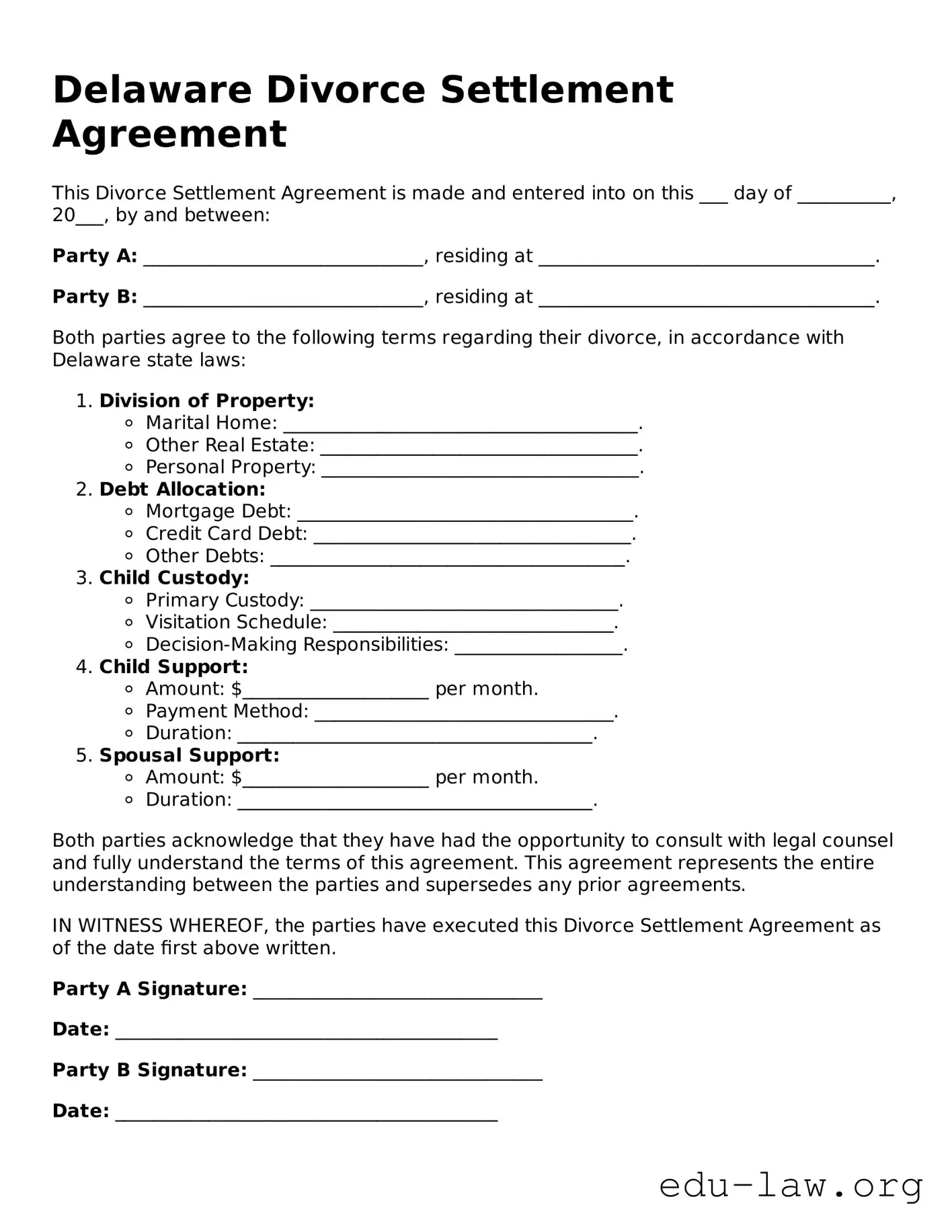 Legal  Divorce Settlement Agreement Template for Delaware