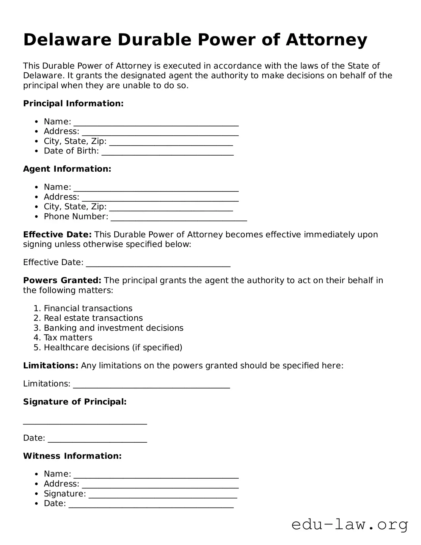 Legal  Durable Power of Attorney Template for Delaware