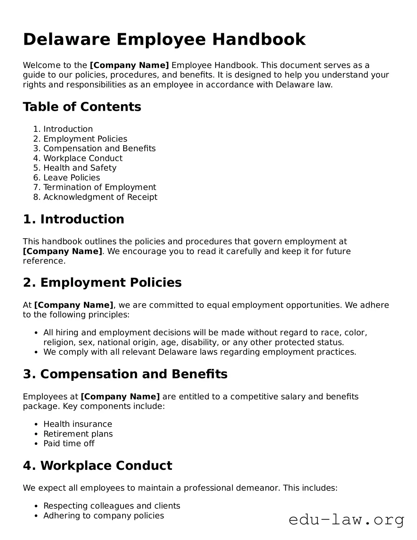 Legal  Employee Handbook Template for Delaware