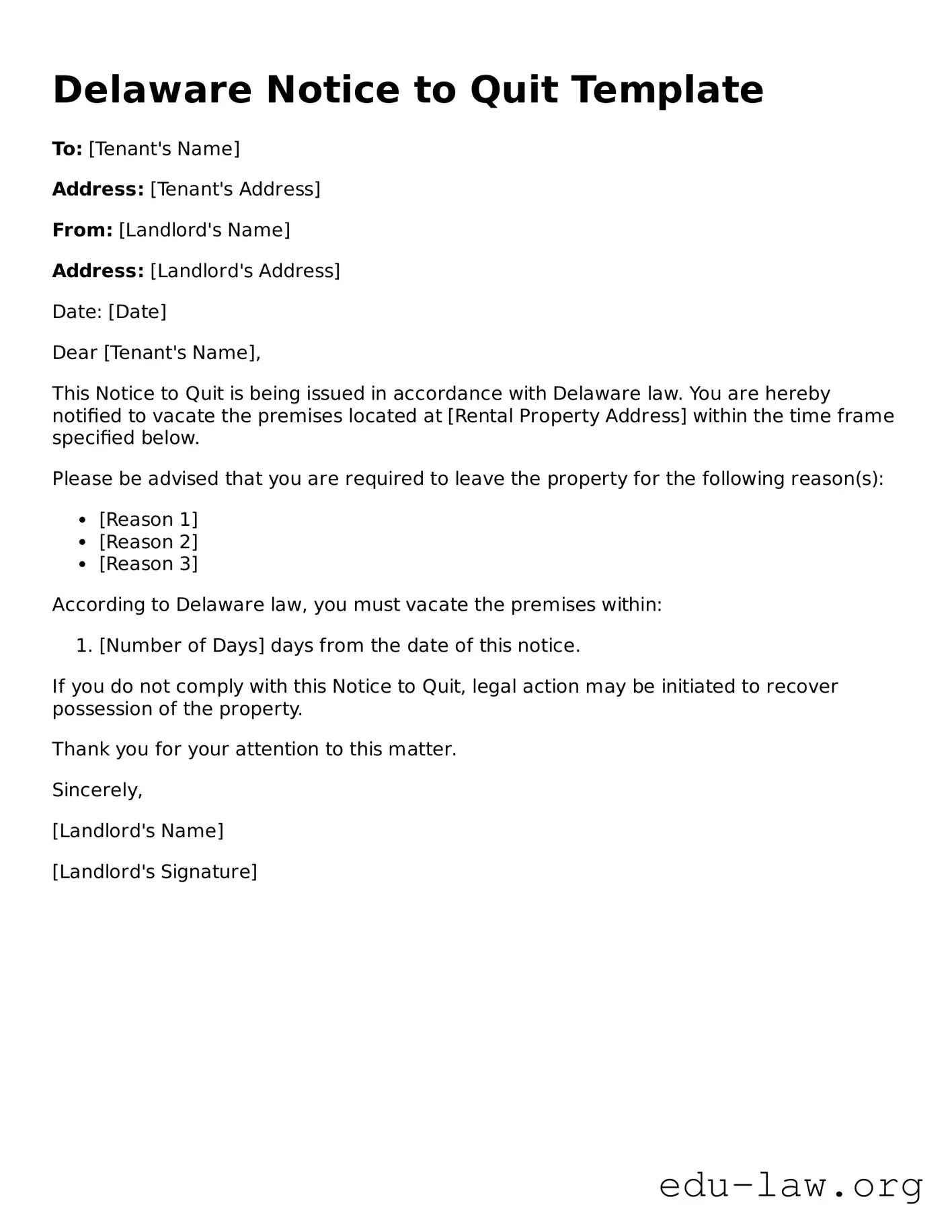Legal  Notice to Quit Template for Delaware