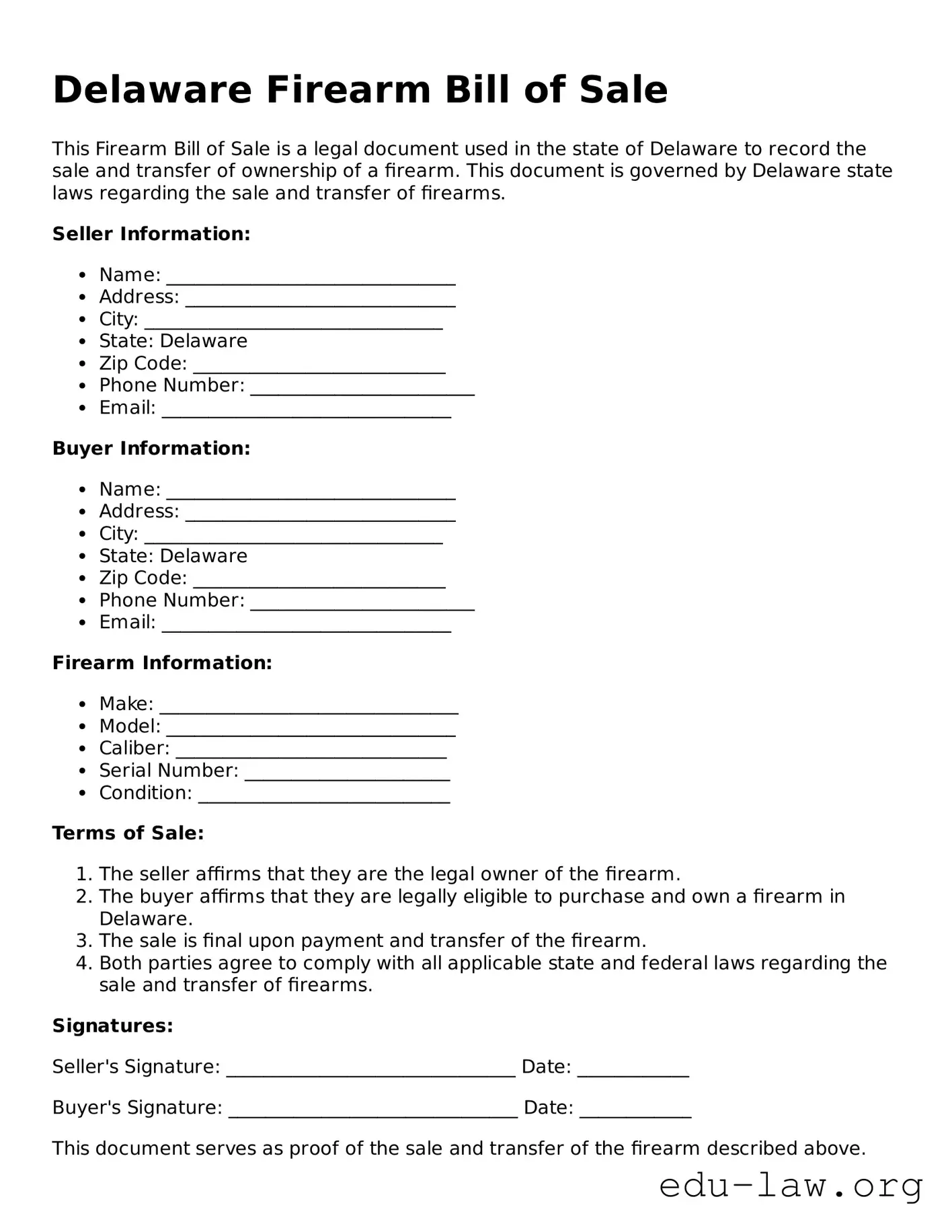 Legal  Firearm Bill of Sale Template for Delaware