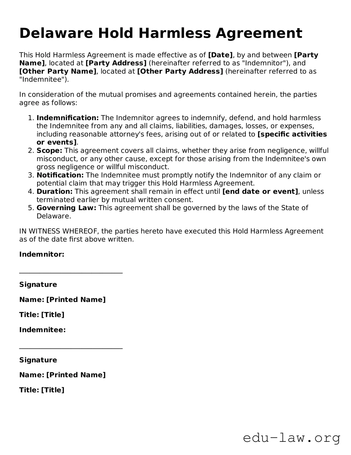 Legal  Hold Harmless Agreement Template for Delaware