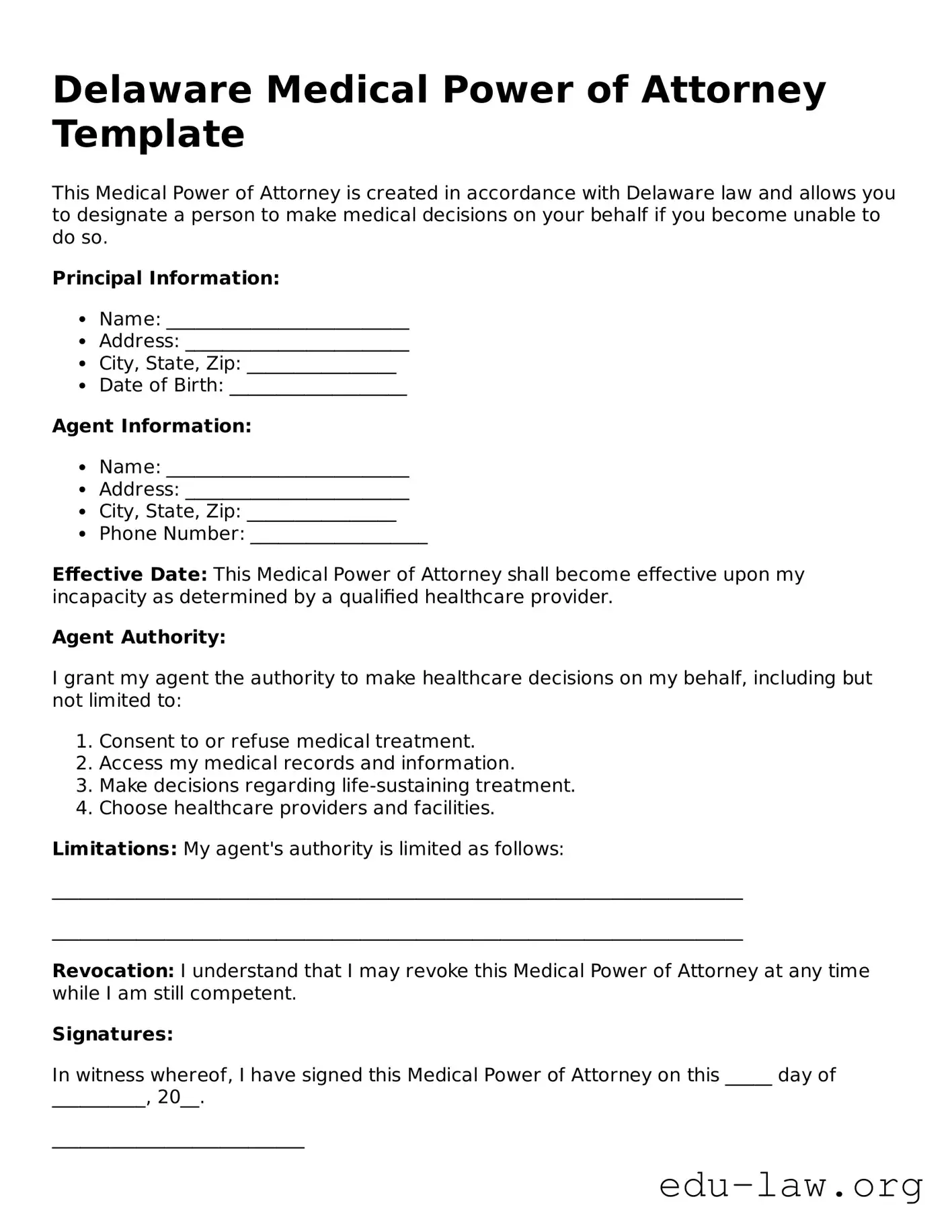 Legal  Medical Power of Attorney Template for Delaware