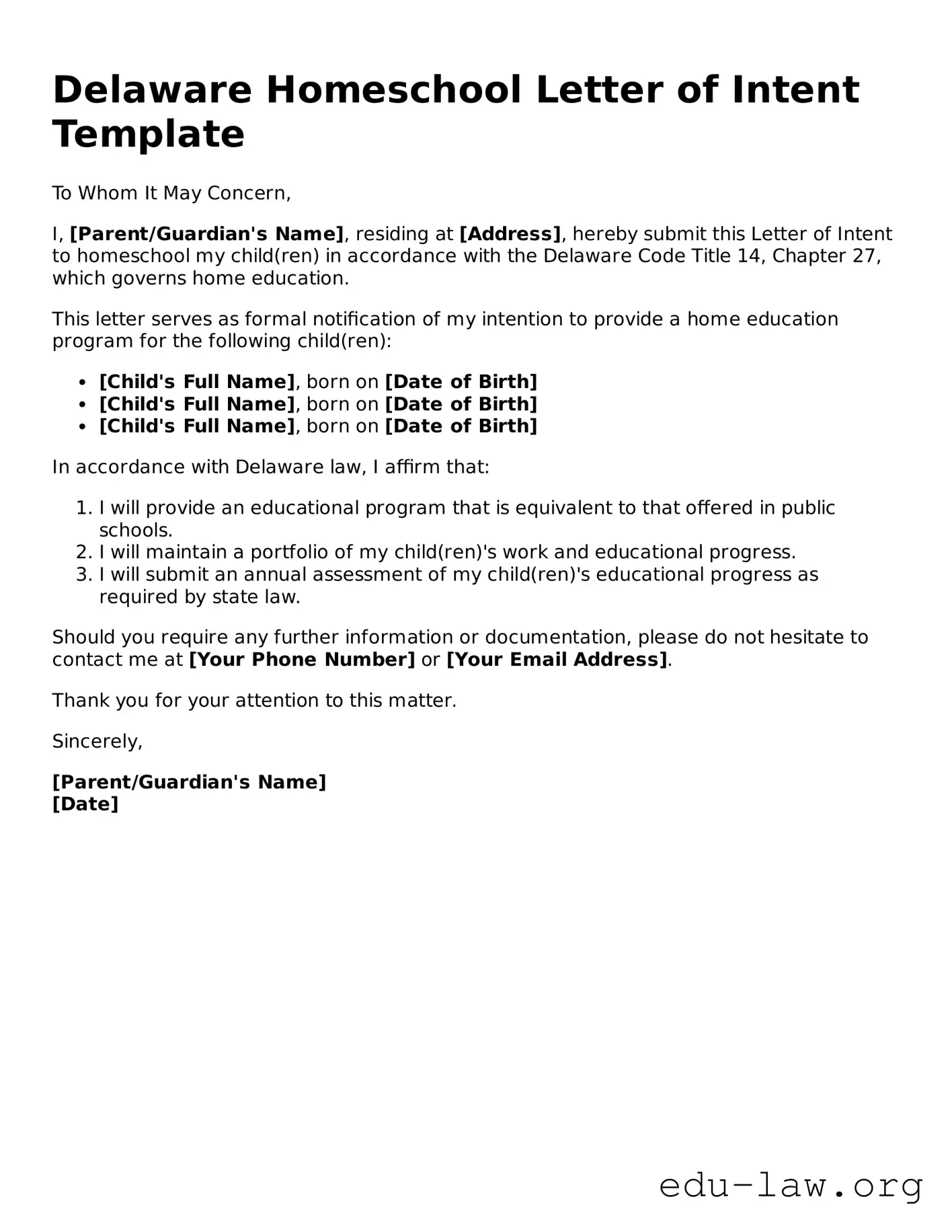 Legal  Homeschool Letter of Intent Template for Delaware