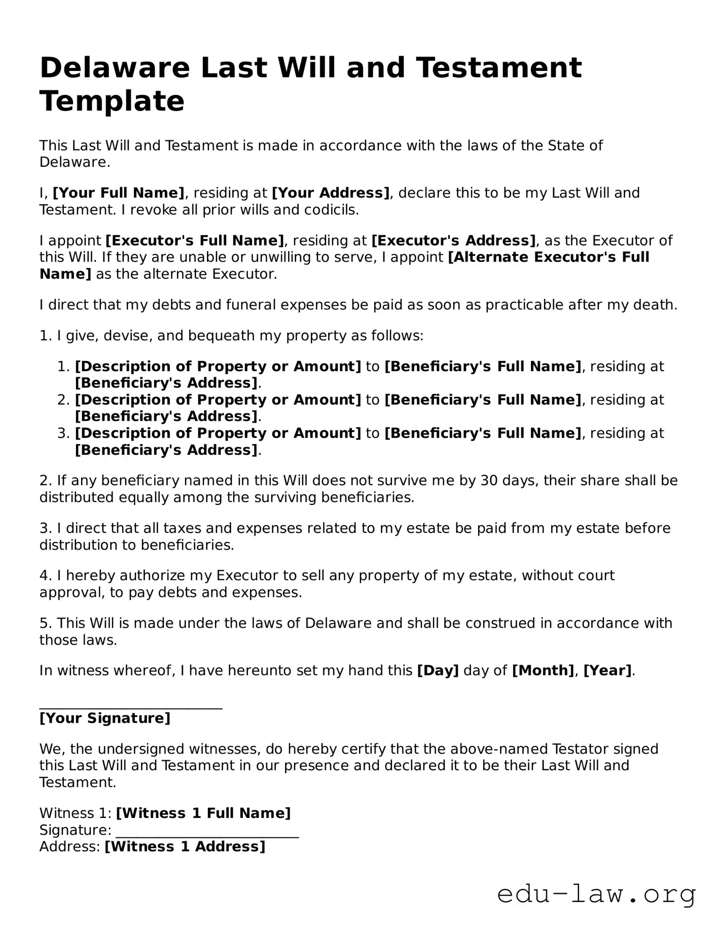 Legal  Last Will and Testament Template for Delaware