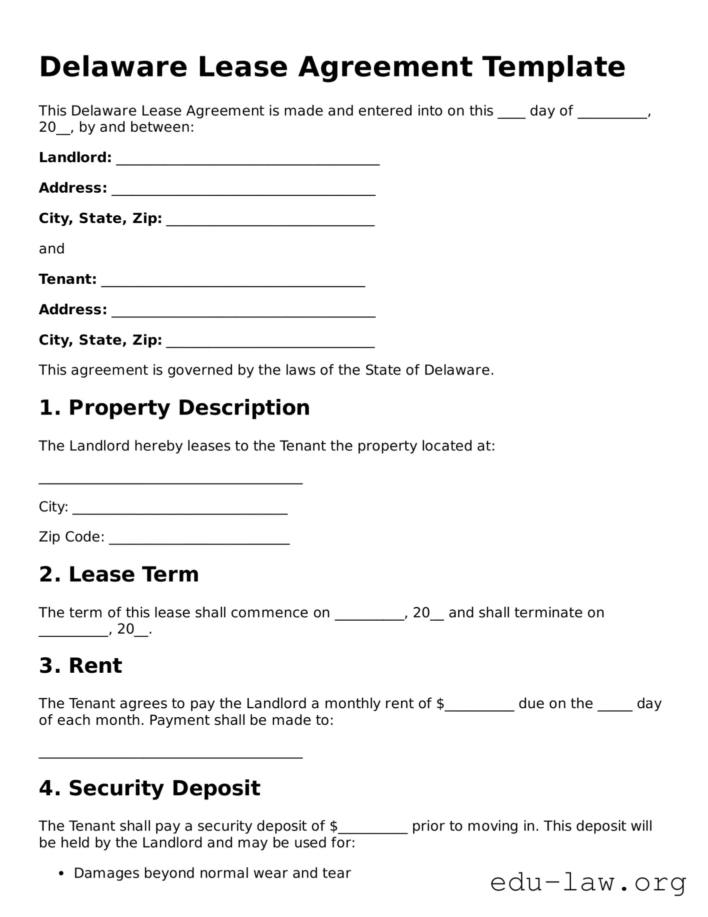Legal  Lease Agreement Template for Delaware