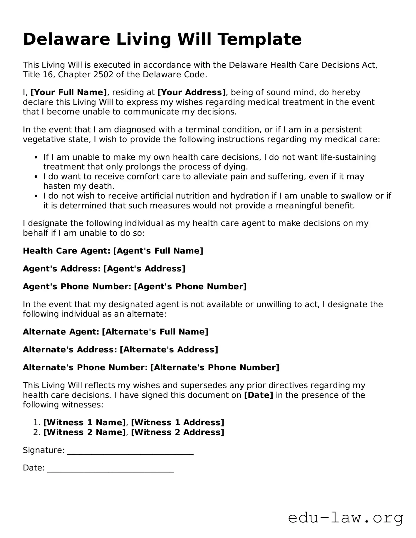 Legal  Living Will Template for Delaware