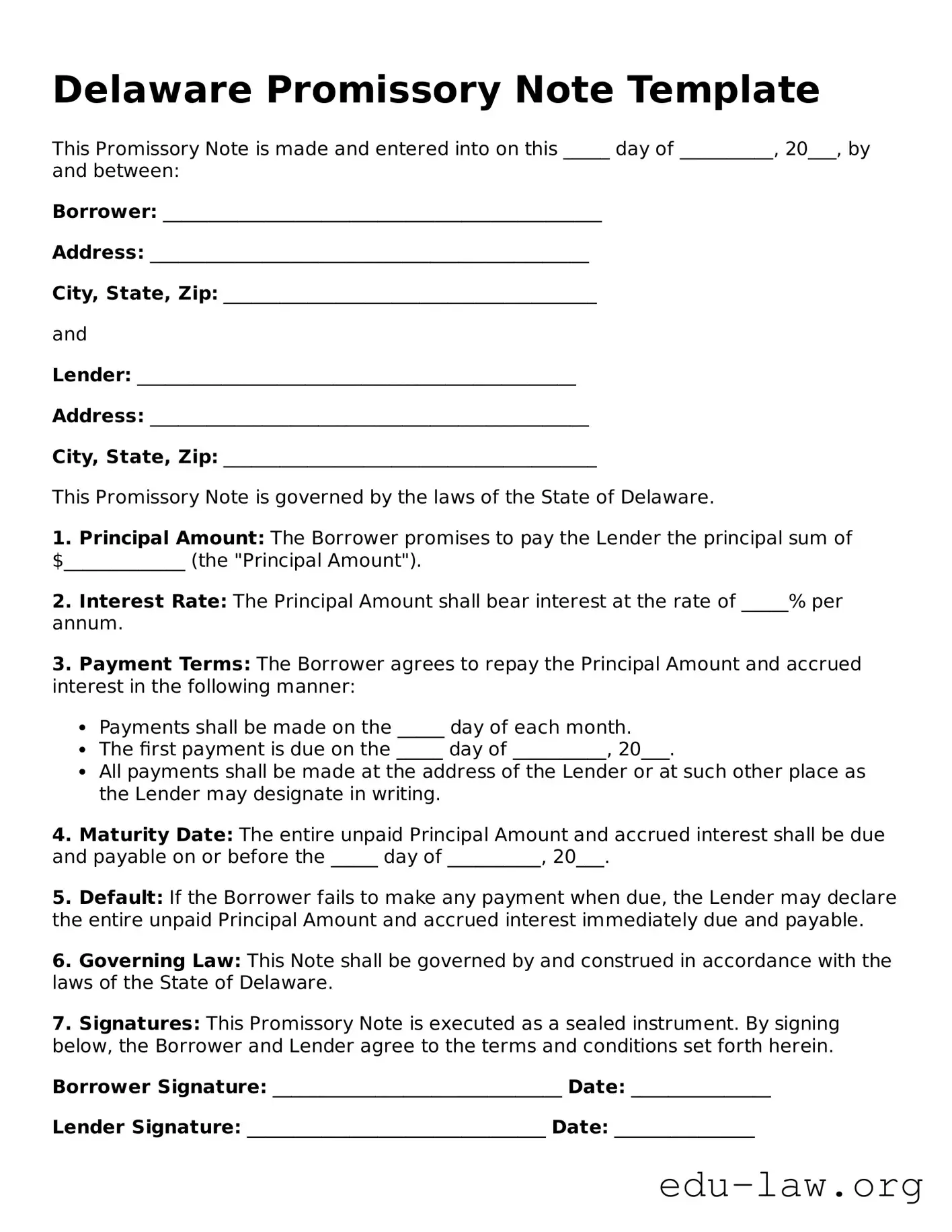 Legal  Promissory Note Template for Delaware