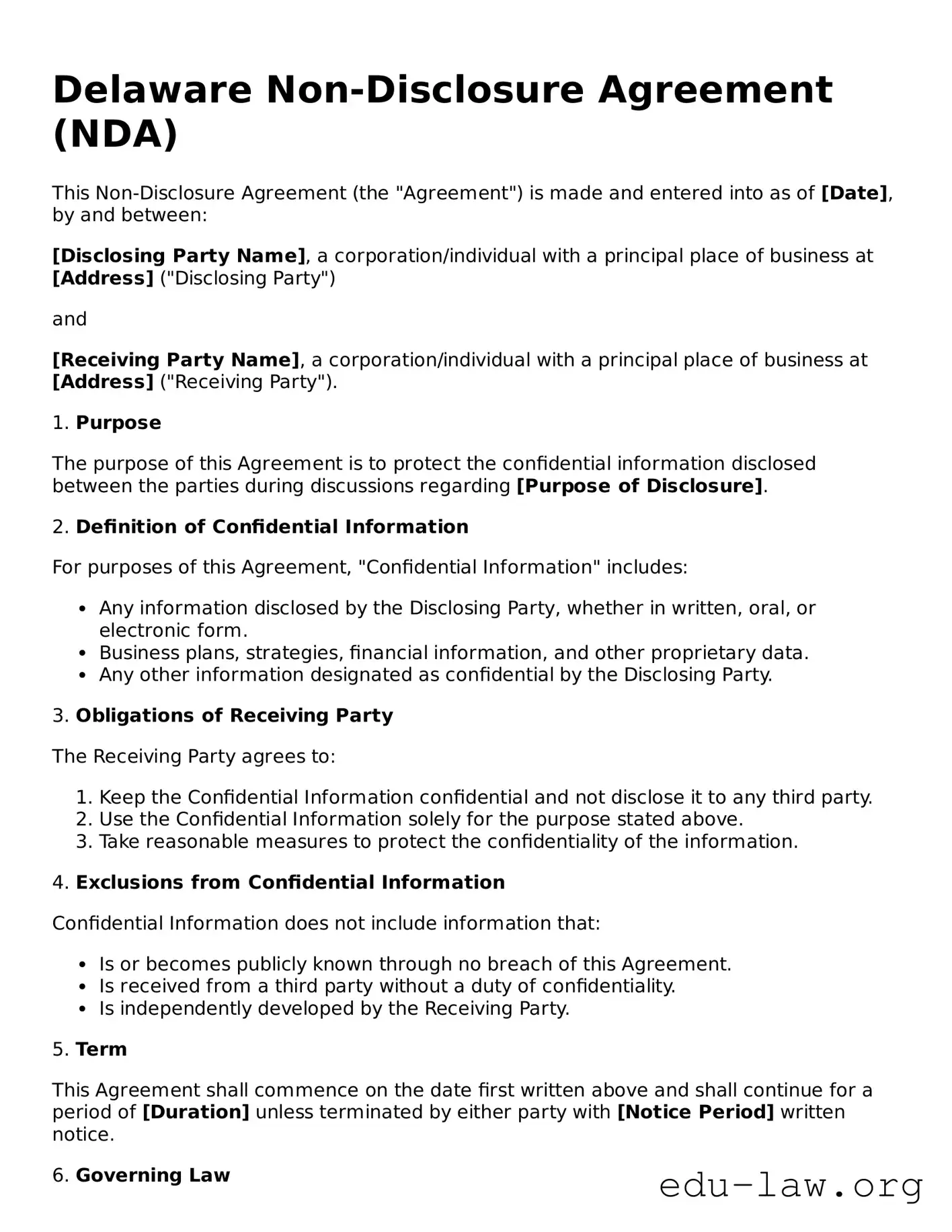 Legal  Non-disclosure Agreement Template for Delaware