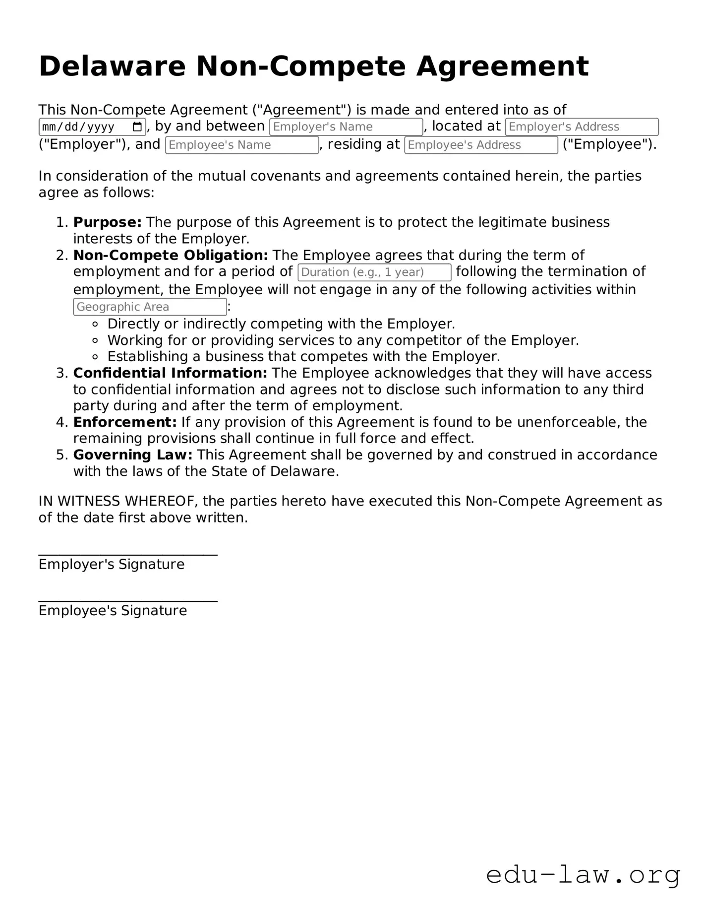 Legal  Non-compete Agreement Template for Delaware