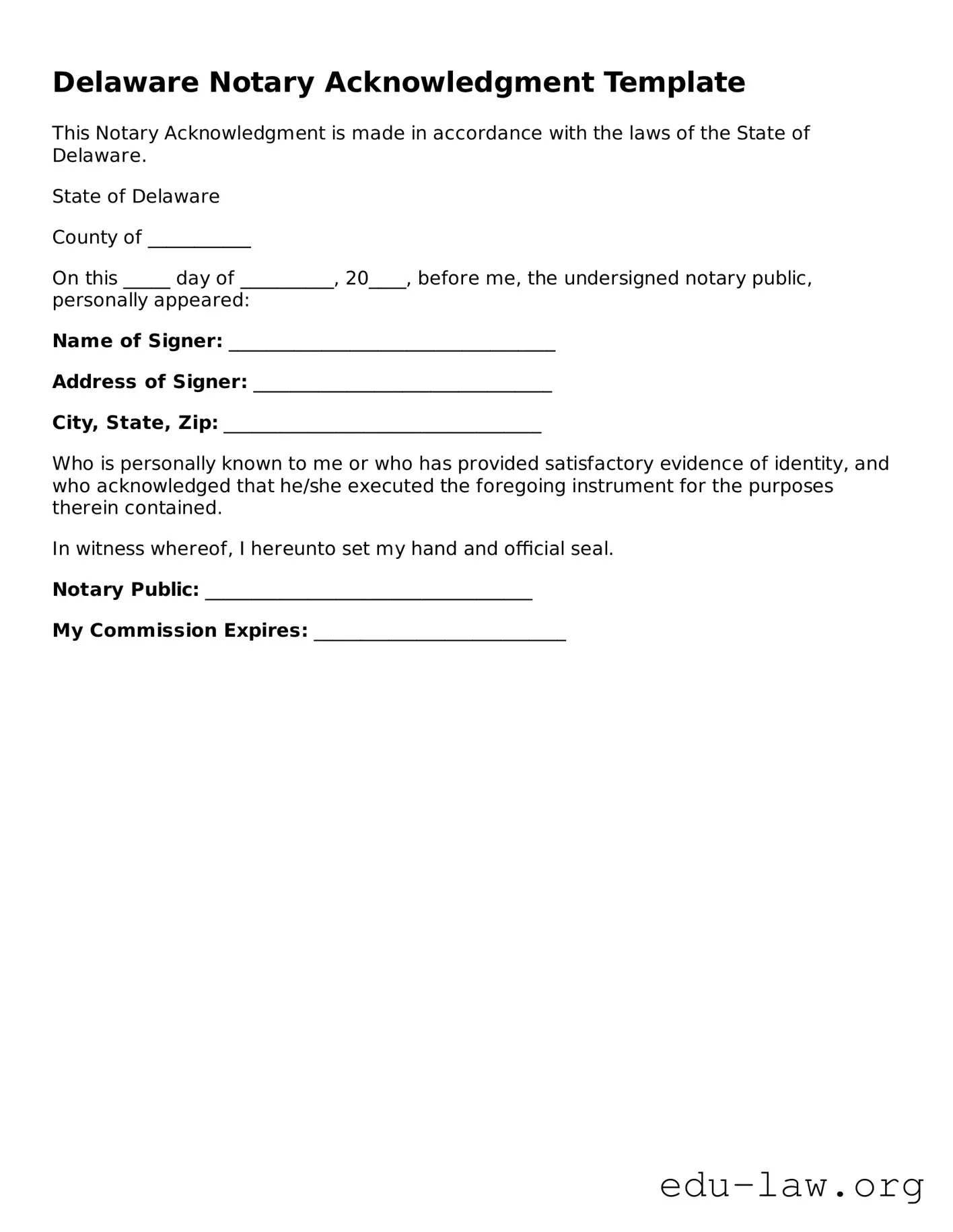 Legal  Notary Acknowledgement Template for Delaware