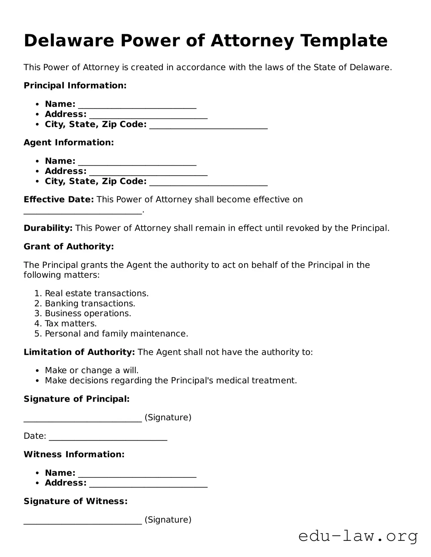 Legal  Power of Attorney Template for Delaware