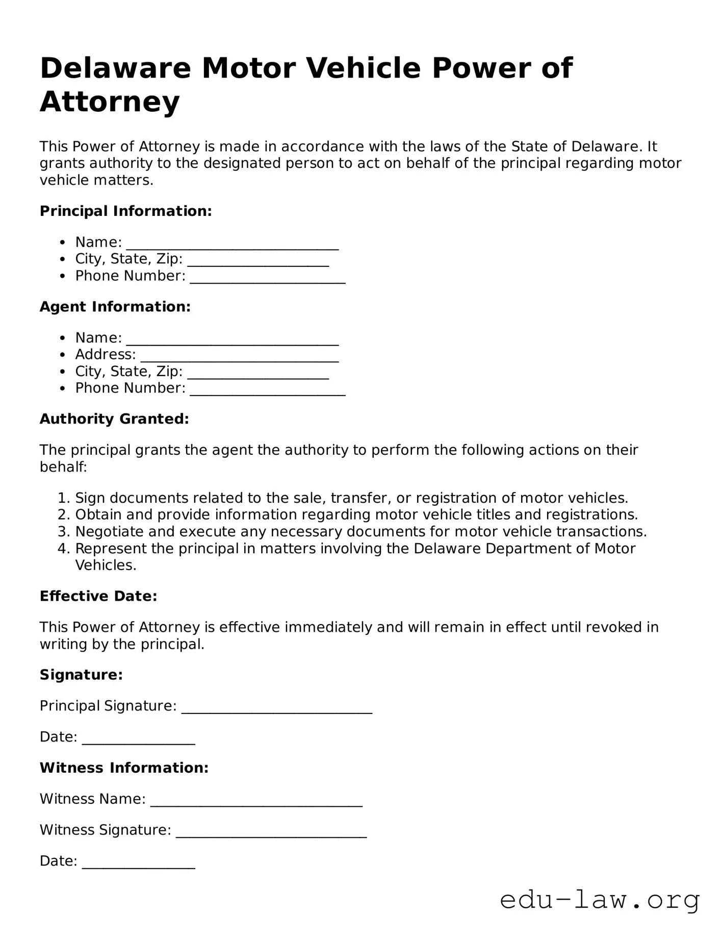 Legal  Motor Vehicle Power of Attorney Template for Delaware