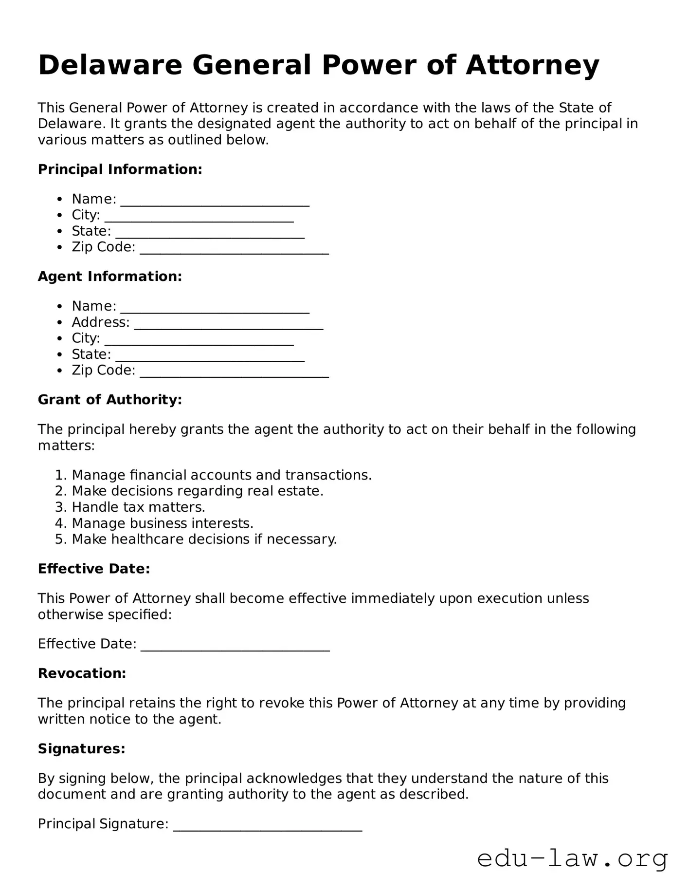 Legal  General Power of Attorney Template for Delaware