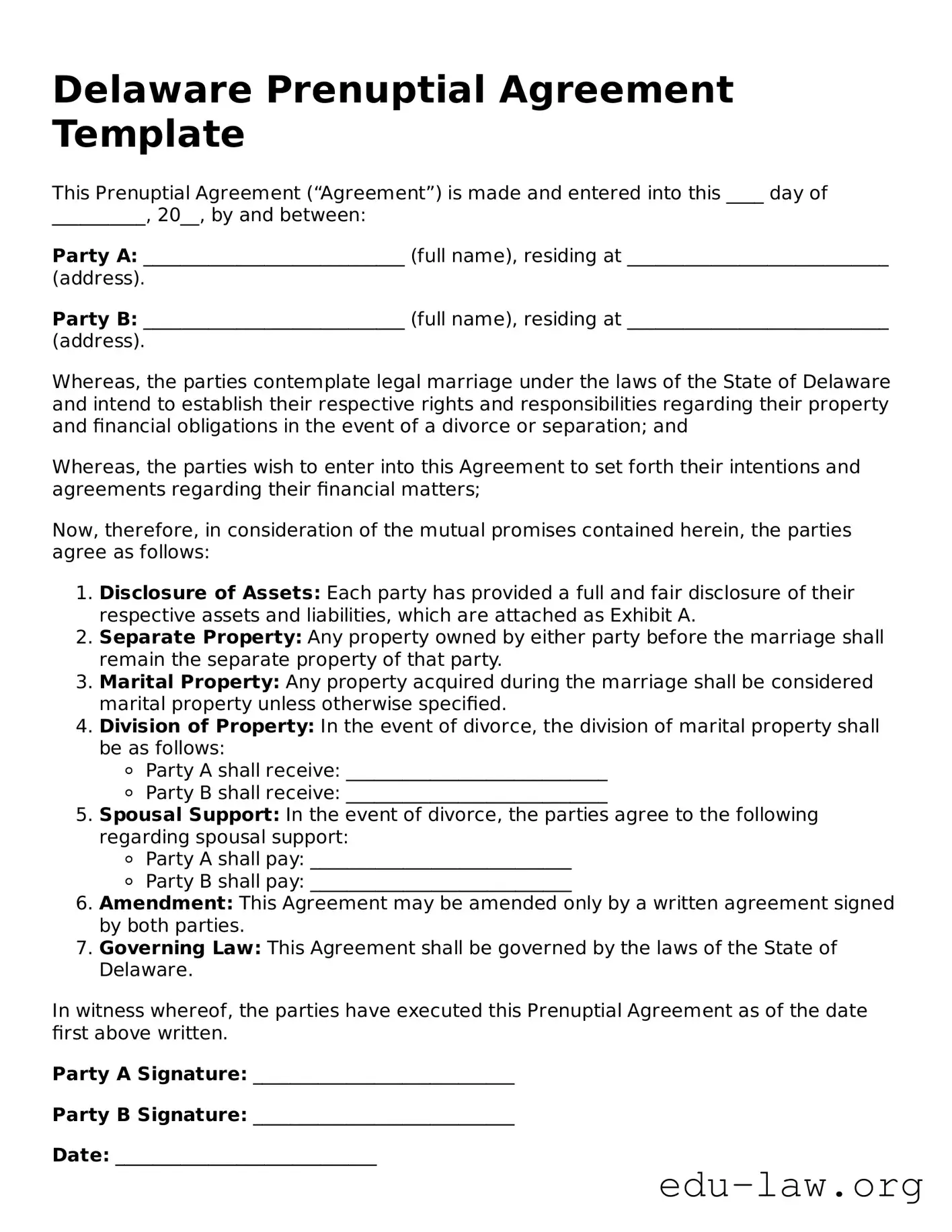 Legal  Prenuptial Agreement Template for Delaware