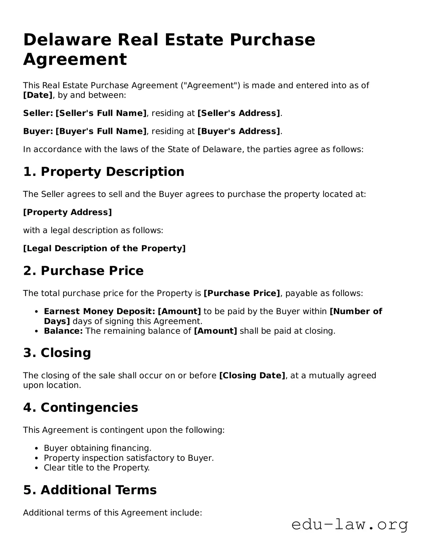 Legal  Real Estate Purchase Agreement Template for Delaware