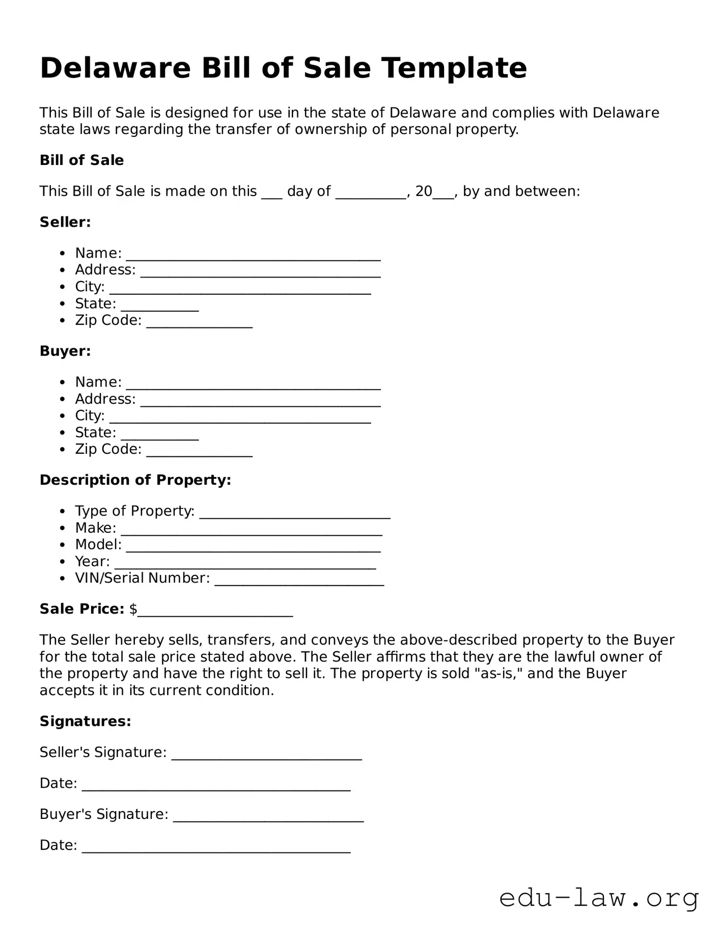 Legal  Bill of Sale Template for Delaware