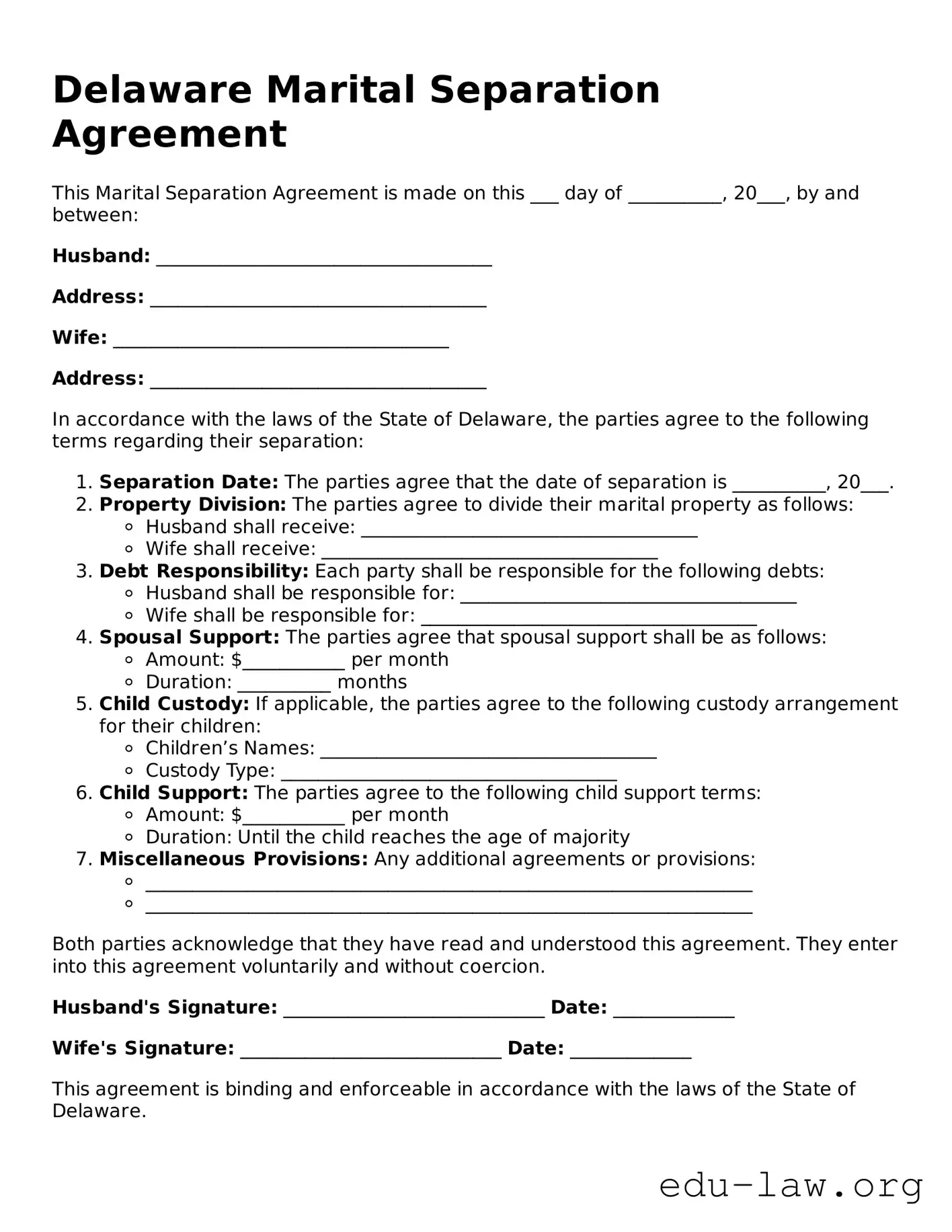 Legal  Marital Separation Agreement Template for Delaware