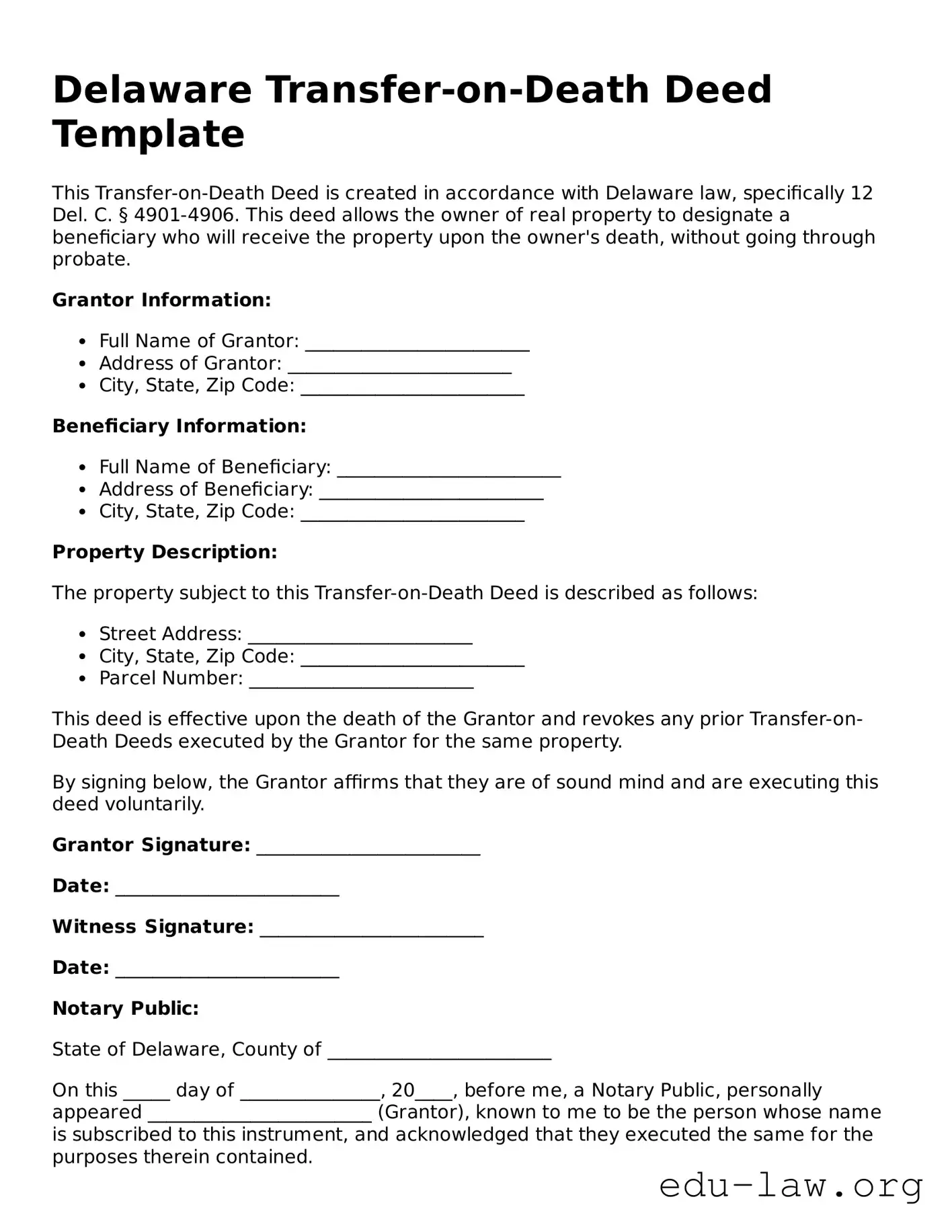 Legal  Transfer-on-Death Deed Template for Delaware