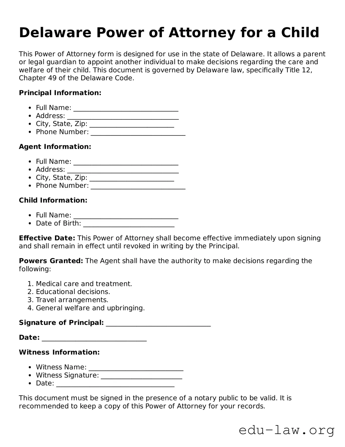 Legal  Power of Attorney for a Child Template for Delaware