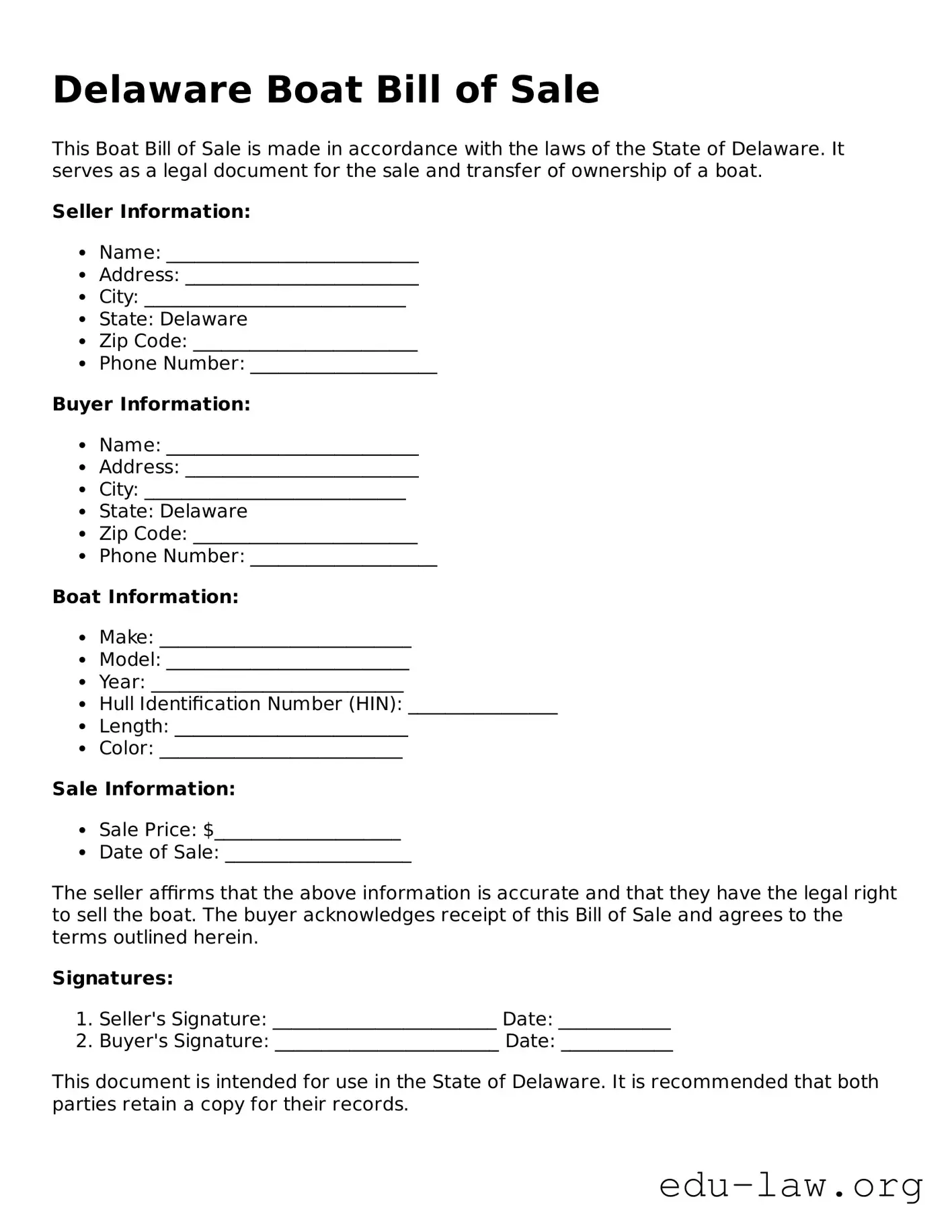 Legal  Boat Bill of Sale Template for Delaware