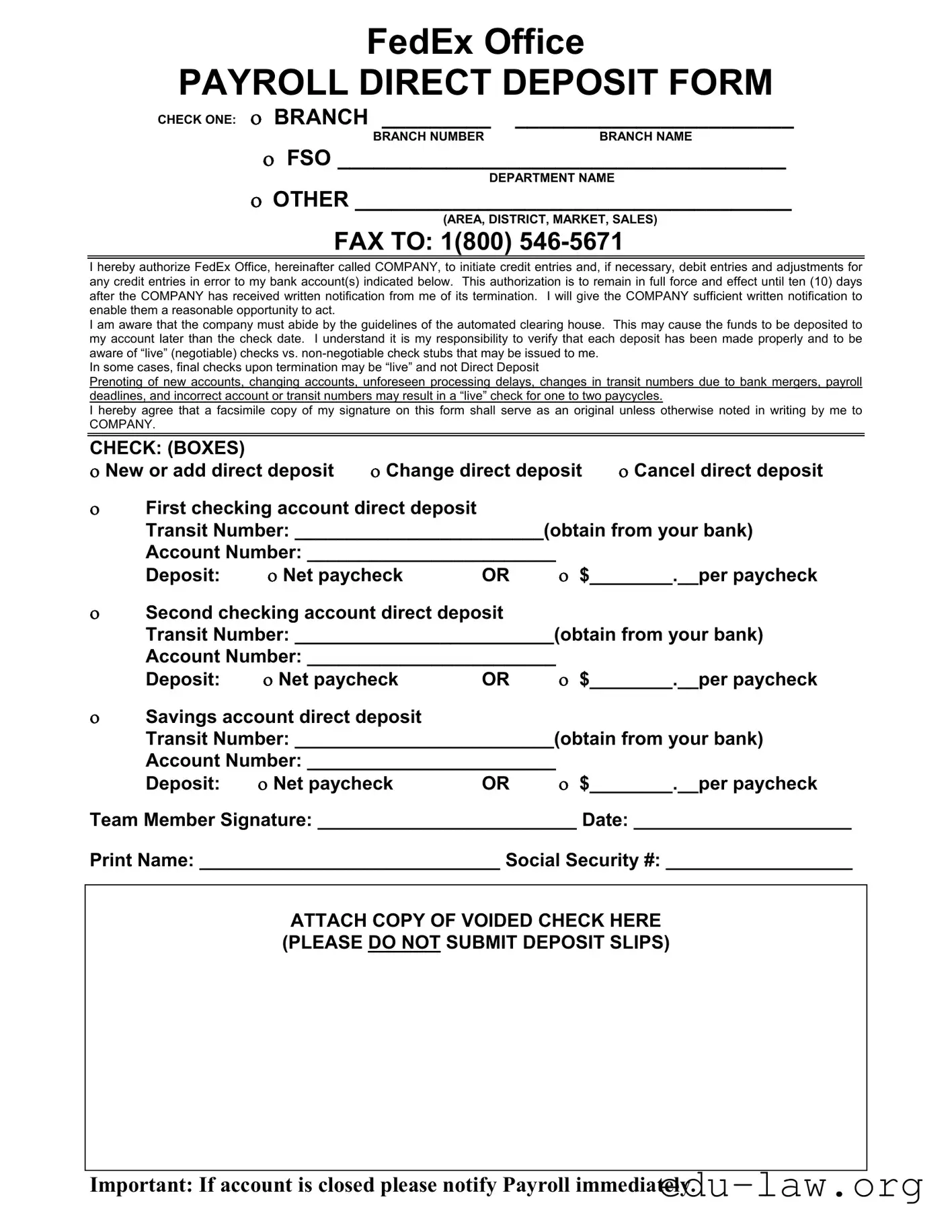 Fill in Your Fedex Payroll Direct Deposit Template