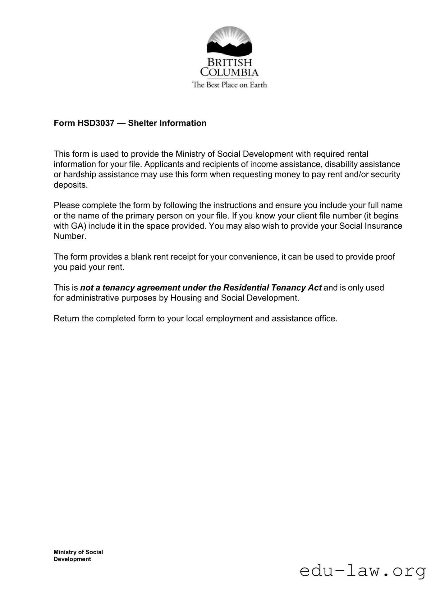 Fill in Your Bc Shelter Information Template