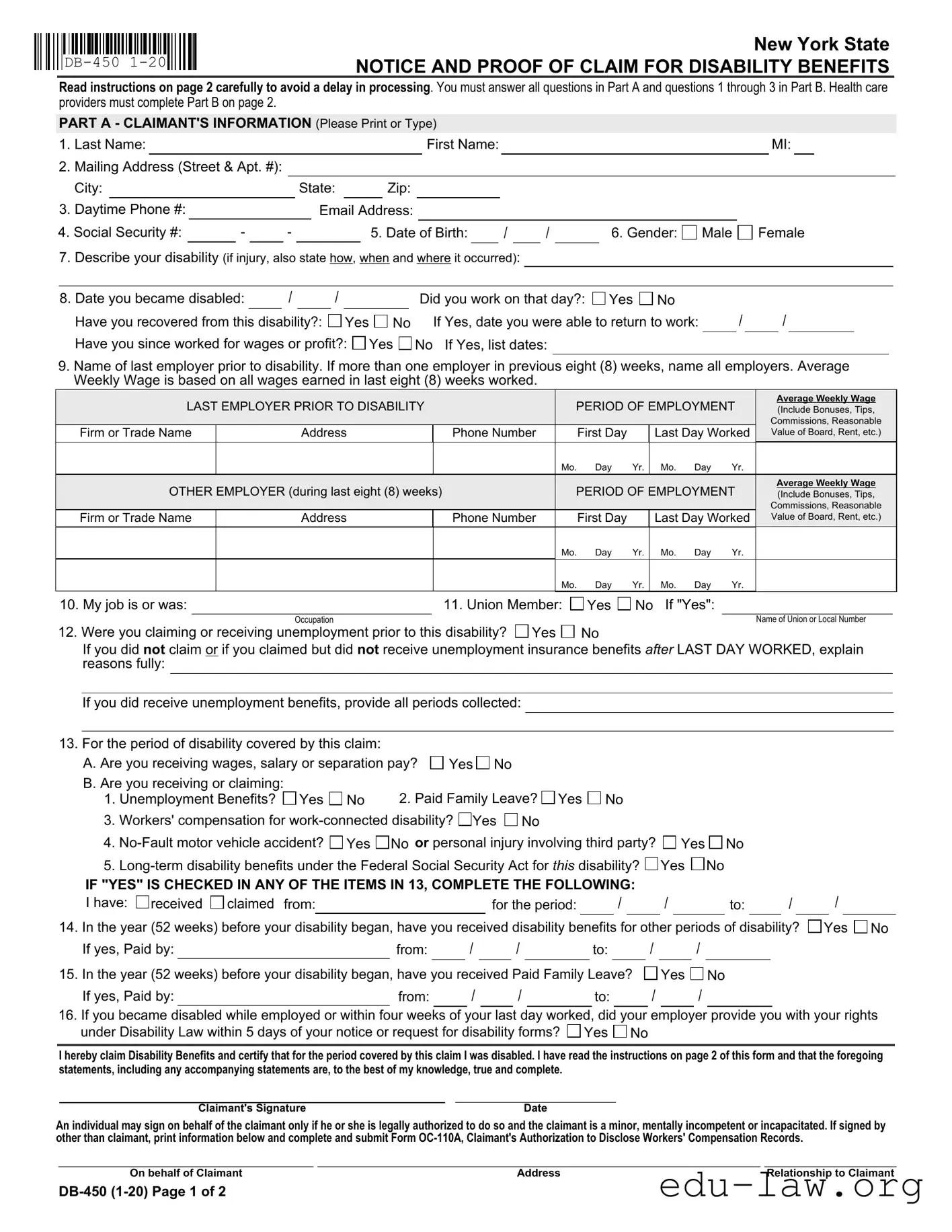 Fill in Your Db 450 Disability Template