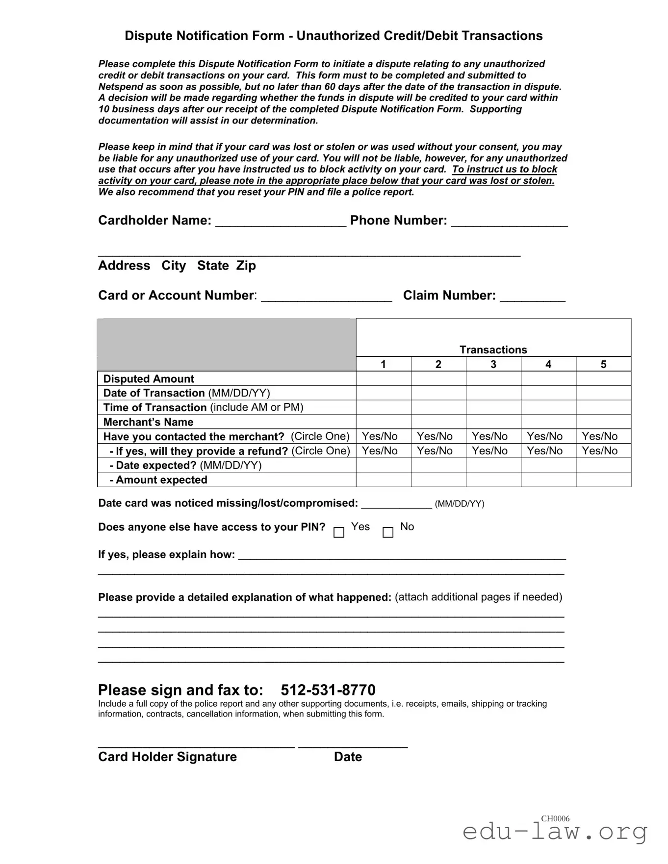 Fill in Your Netspend Dispute Template